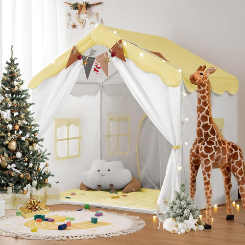 Yellow Kids Castle Tent Bed Canopy with Lights & Mat Indoor Playhouse