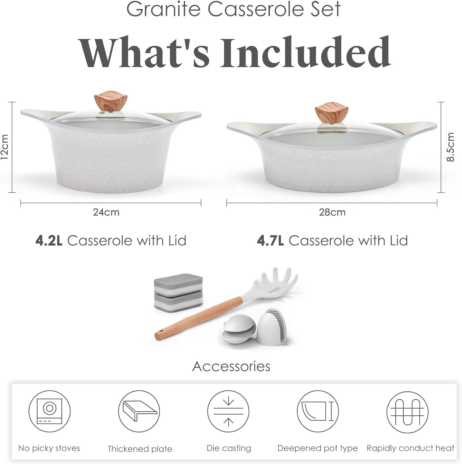 2Pcs Beige Granite Non Stick Casserole Pot Set with Glass Lids, Induction Safe