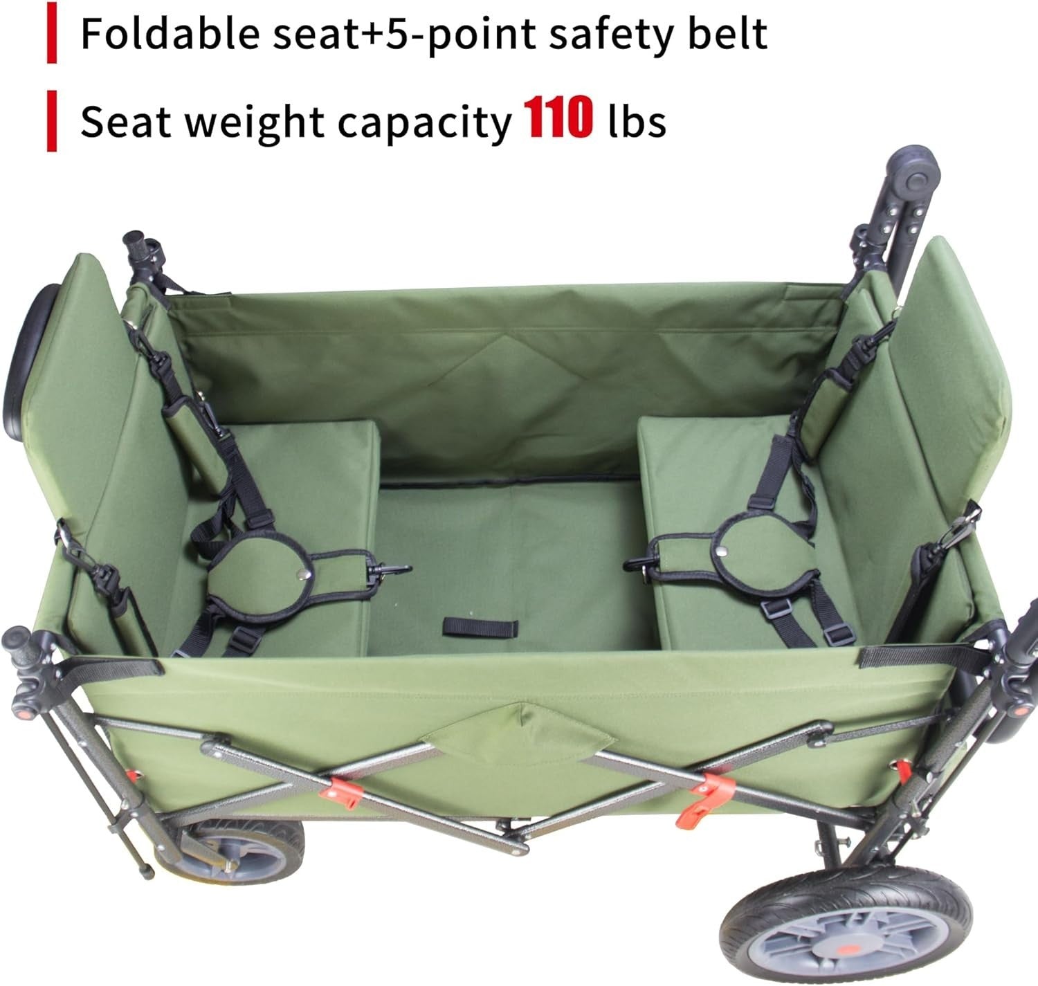 Folding Wagon w/ 2 Seats Canopy 120kg Load Garden Cart Brake Large Storage Green