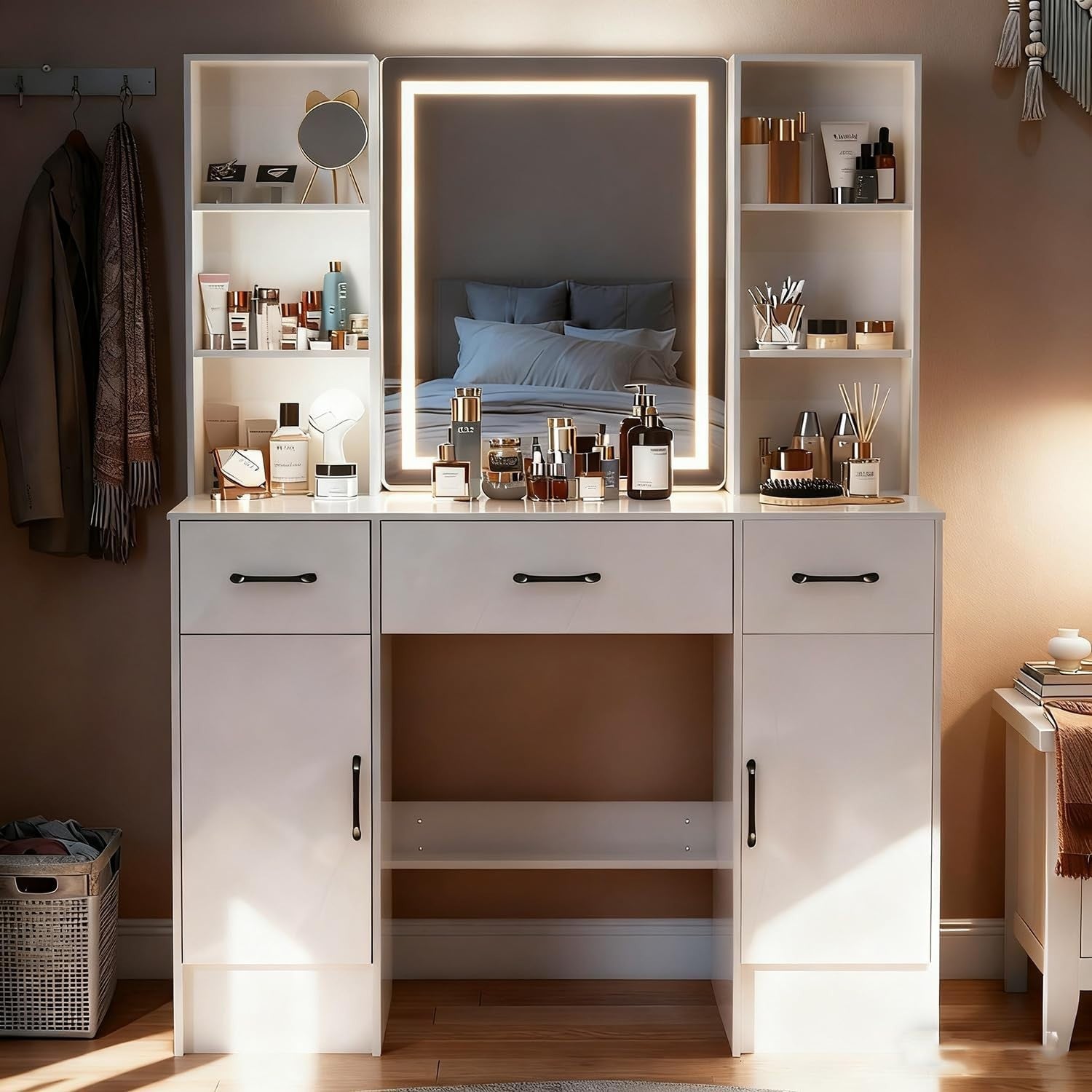 Vanity Makeup Dressing Table Desk Mirror 3 Drawers Stool LED Light White Wood