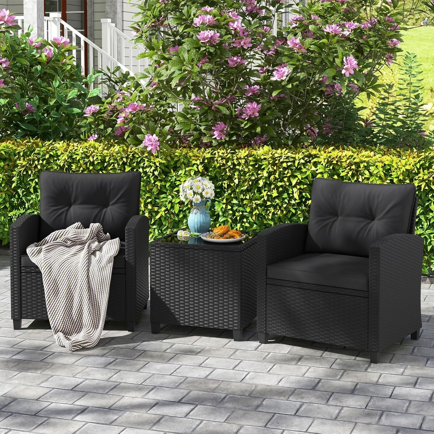 3pc Outdoor Rattan Bistro Set Cushioned Chairs & Glass Coffee Table Patio