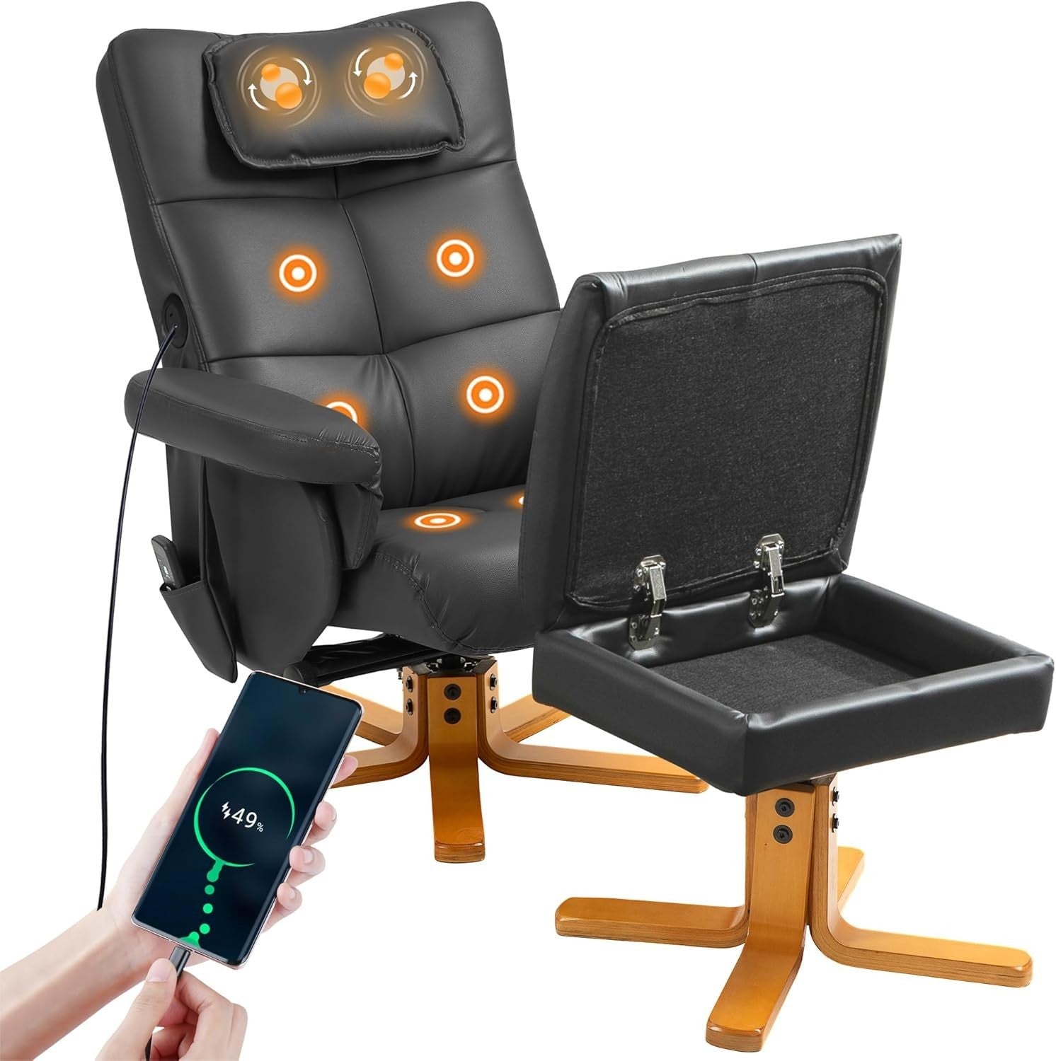 Massage Recliner Chair w/ Footstool USB Storage Faux Leather Armchair Black