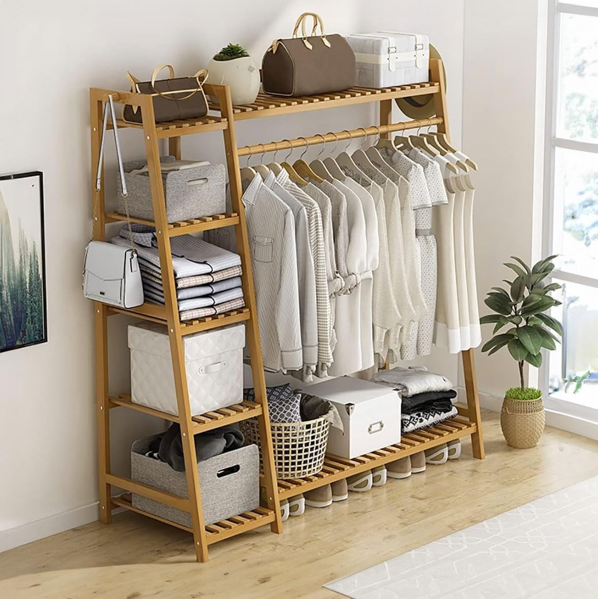 Natural Bamboo Clothes Rack with Shelves & Side Hooks – Wood