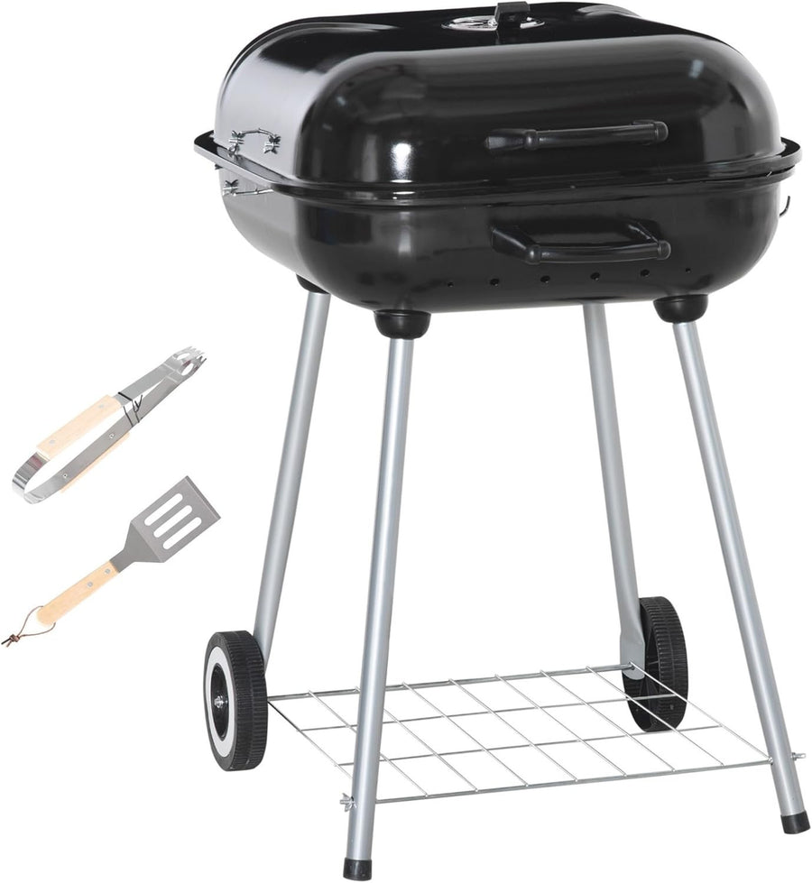 Portable Charcoal BBQ Grill with Lid, Wheels & Tools – Compact Outdoor Smoker