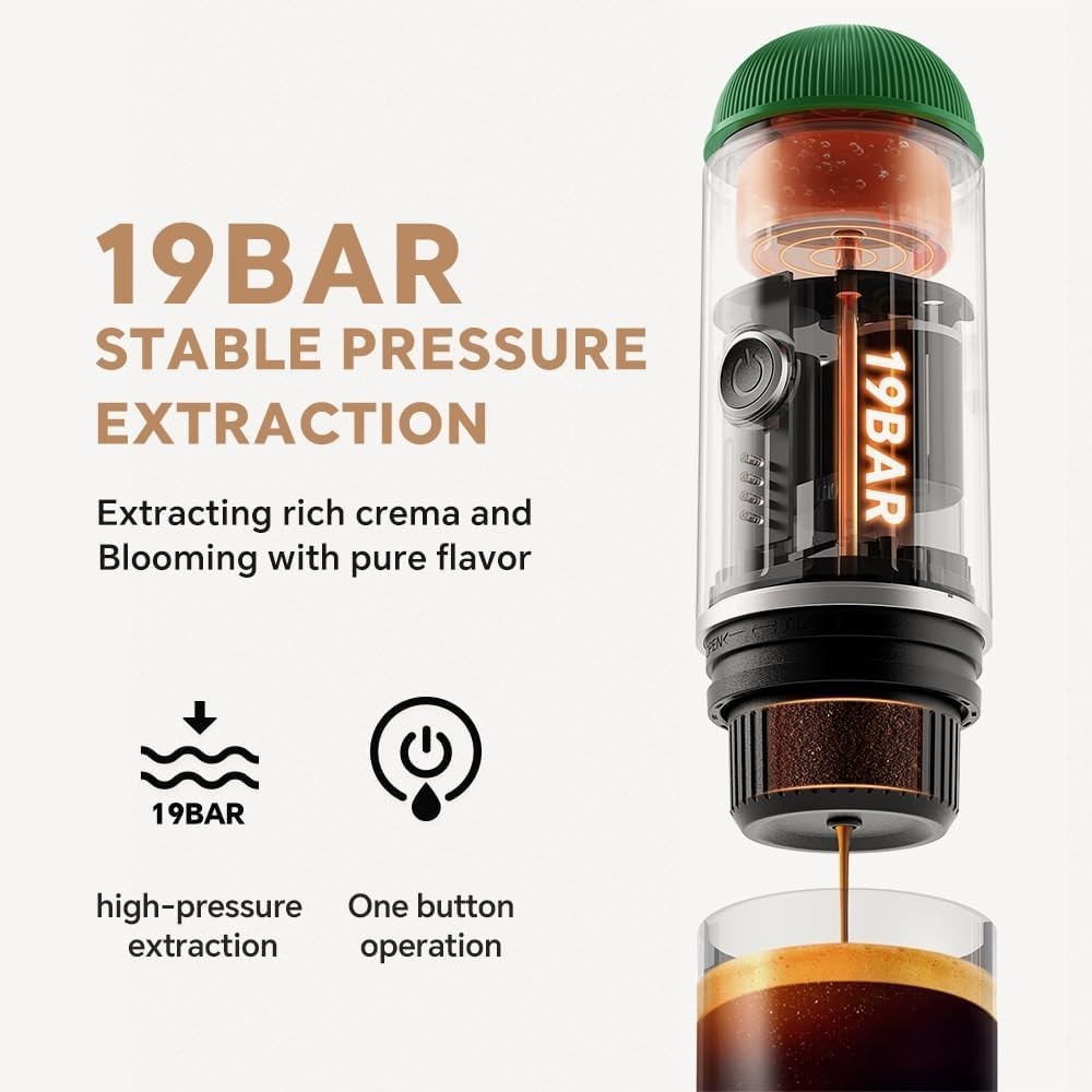 Portable Espresso Maker 19Bar Self-Heating USB-C Travel Coffee Machine Green Pod