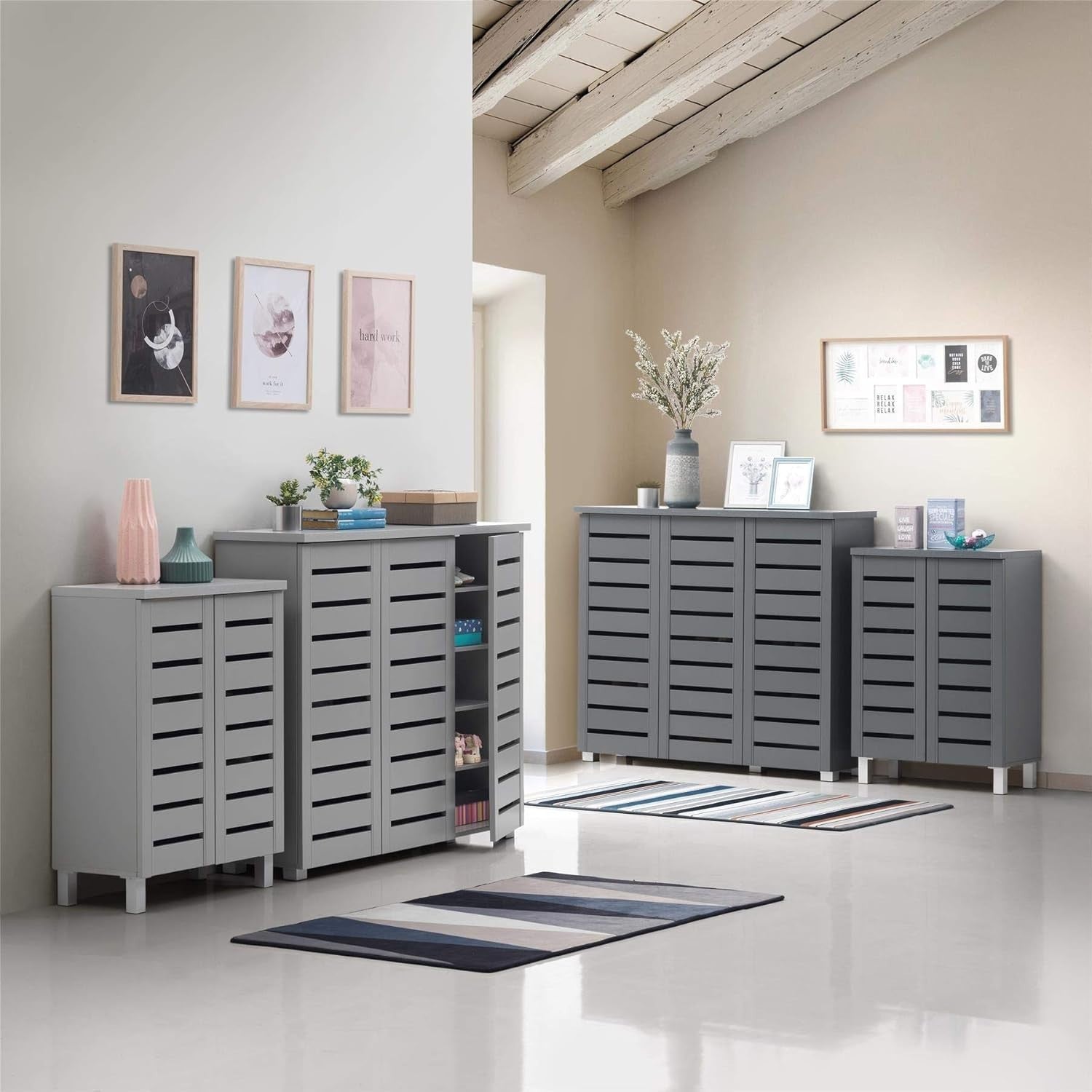 Modern Shoe Cabinet 4 Tier with 3 Doors | Grey Storage Unit for Hallway