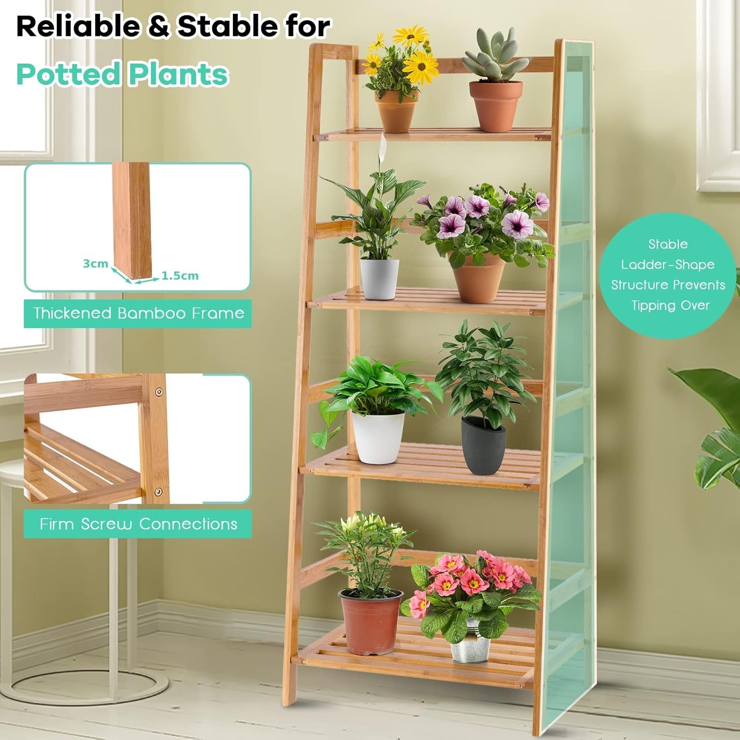 4 Tier Bamboo Plant Stand Ladder Flower Pot Display Shelf Indoor Outdoor Rack