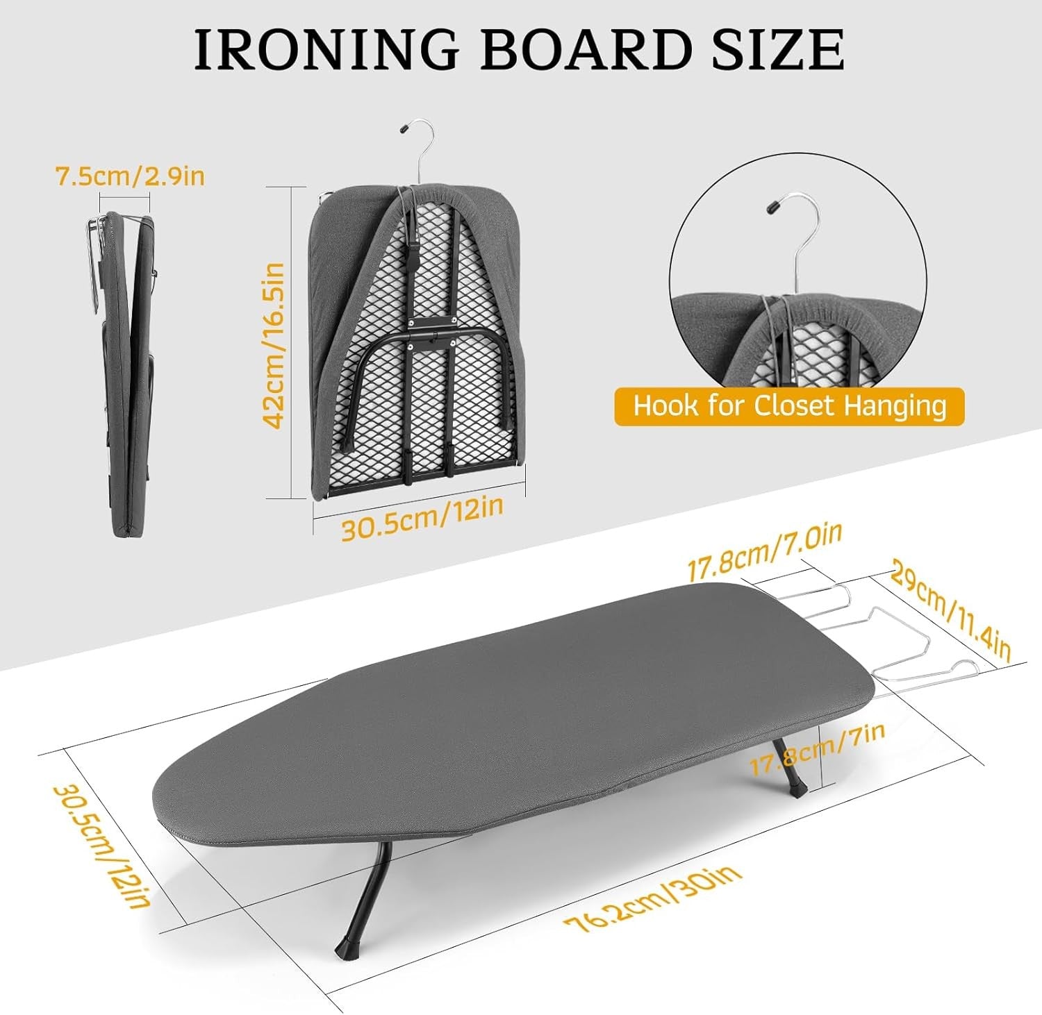 Compact Folding Ironing Board Tabletop Non Slip Legs with Storage Hook 81x31cm
