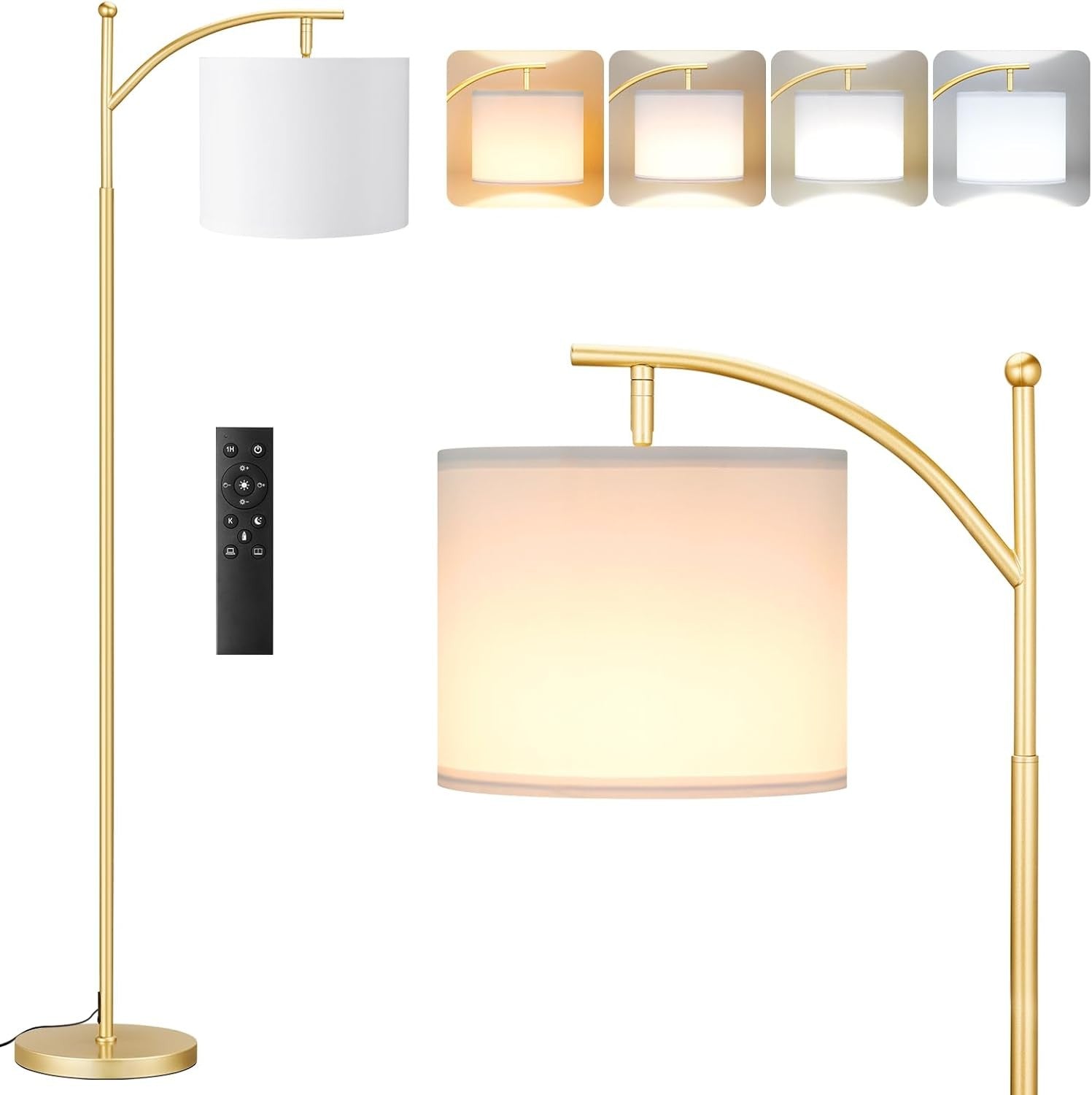 Gold Arc Floor Lamp Dimmable LED Remote Control Modern Standing Light