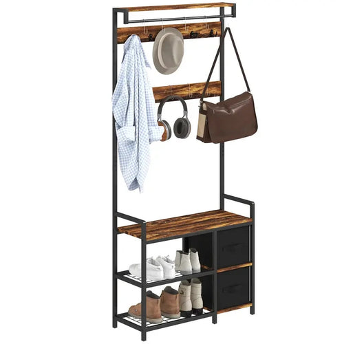 Rustic Coat Rack Bench with Hooks & Drawers – Hallway Storage Stand