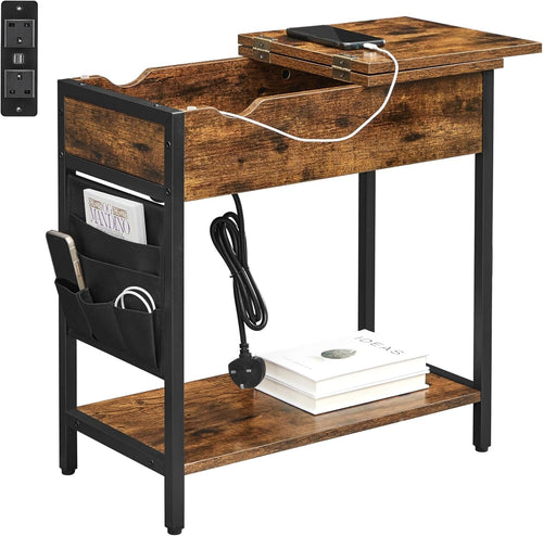Slim Side Table with Charging Station, USB Ports & Storage, Rustic Brown