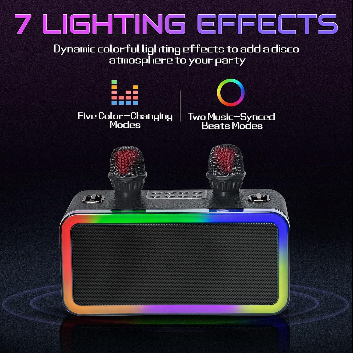 Portable Karaoke Machine 2 Mics Bluetooth Speaker with LED Lights Black