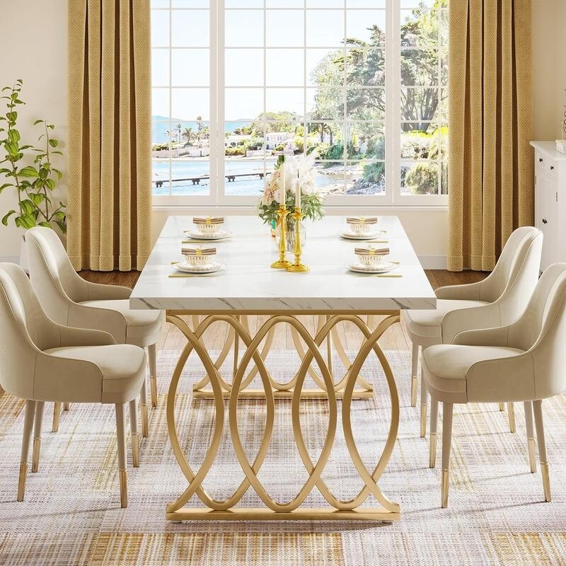 63" White Marble Dining Table with Gold Legs – 6 Seater Modern Table