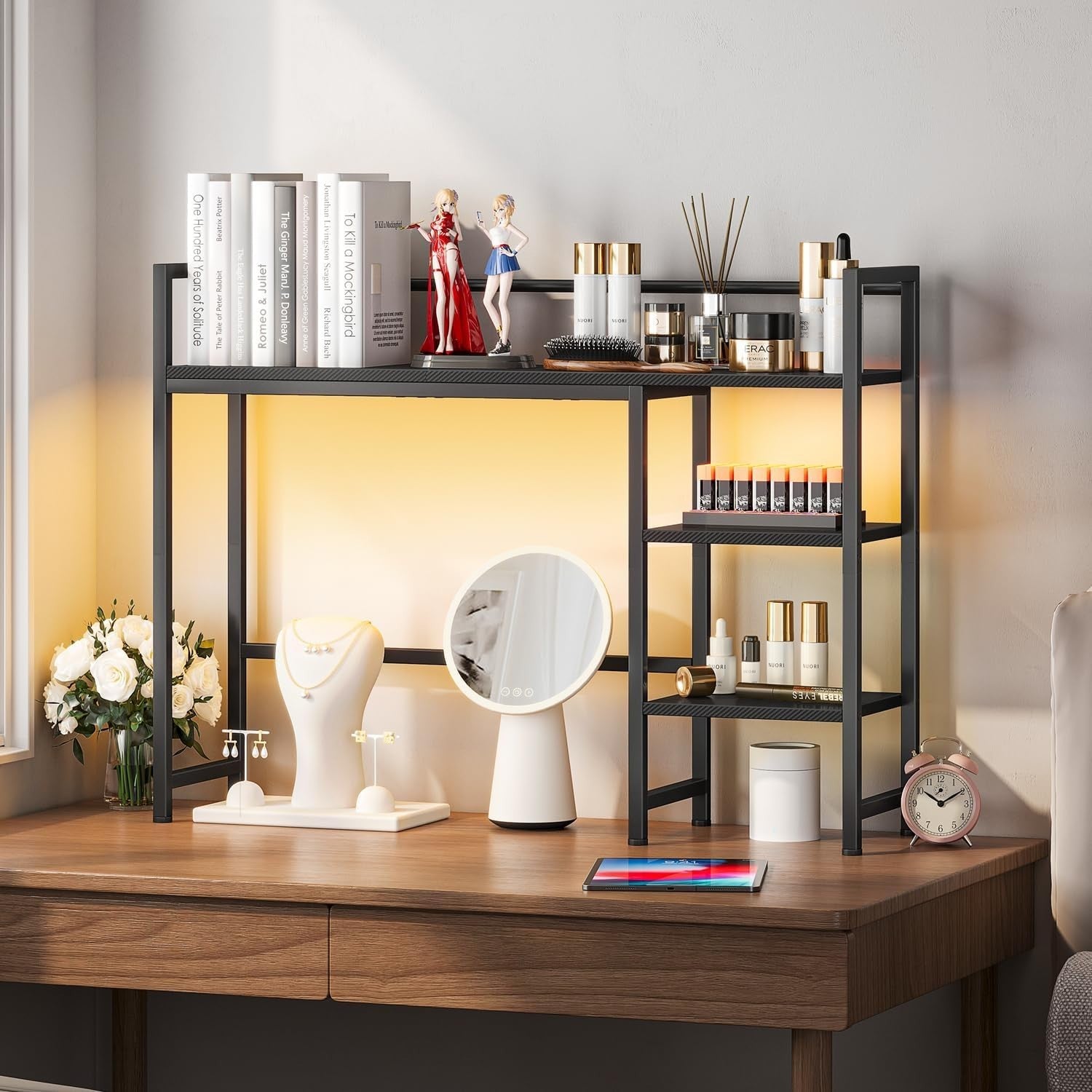 38.6" Desk Hutch Shelf with LED Strip | 4-Tier Desktop Organizer Rack