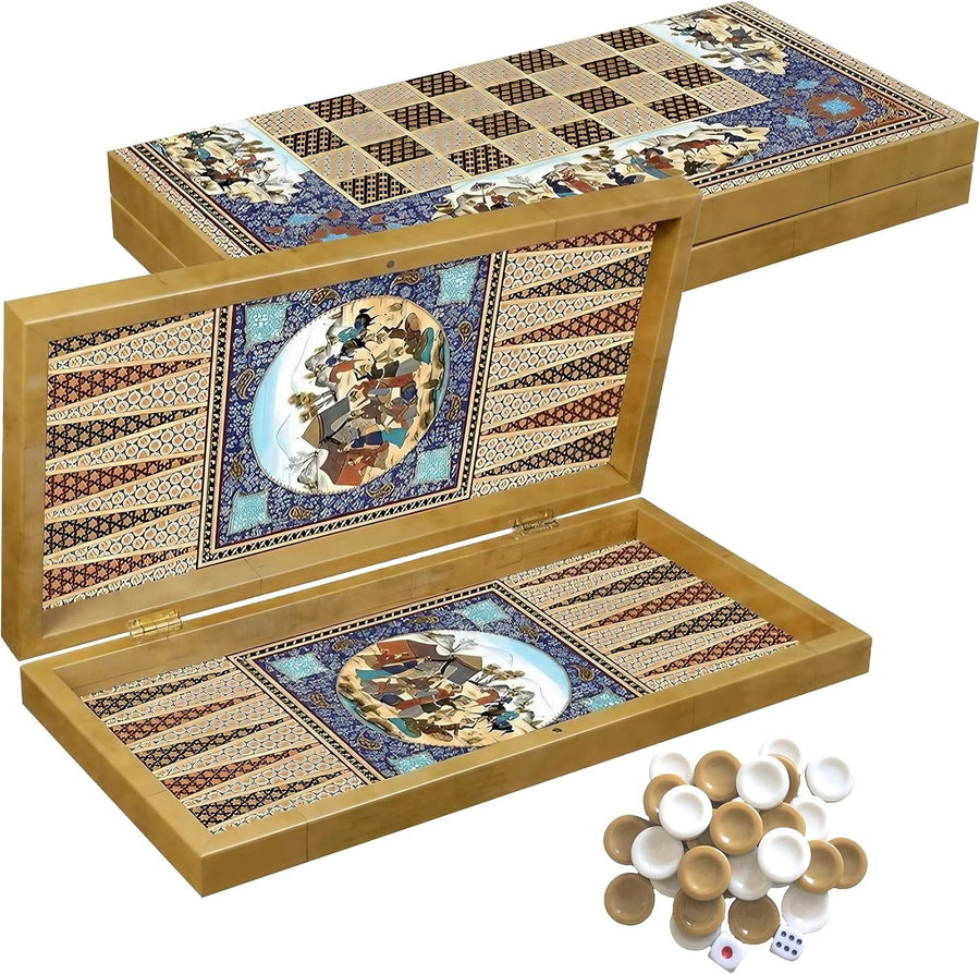 Luxury Wooden Backgammon Chess Set Folding Travel Board 41cm Deluxe