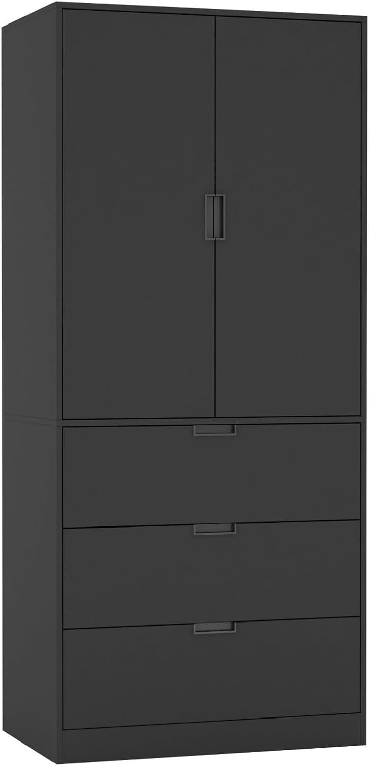 Modern Black Wardrobe 2 Door 3 Drawer Hanging Rail Storage Unit 180cm
