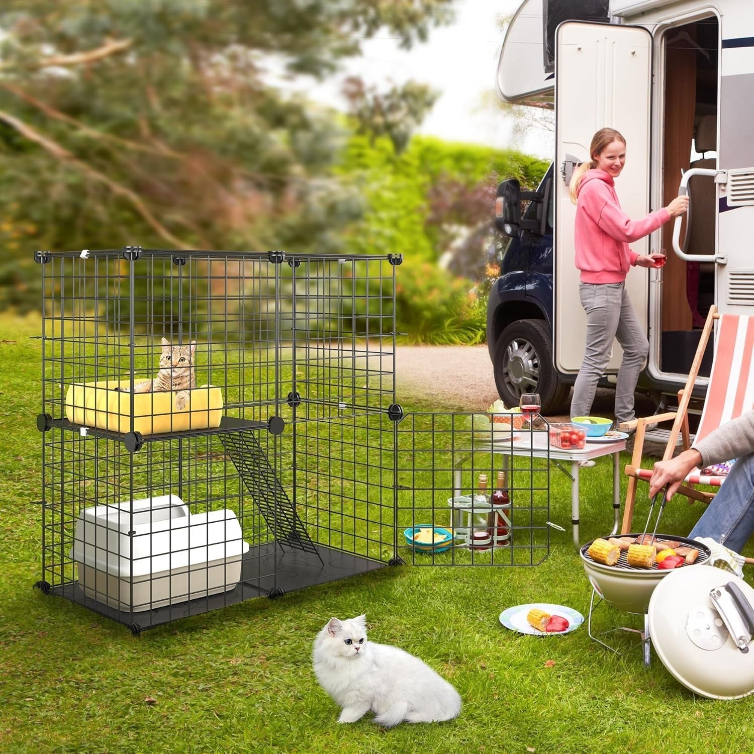 2-Tier Indoor Outdoor Cat Cage Playpen with Platforms & Zip Ties, 71x36x71cm