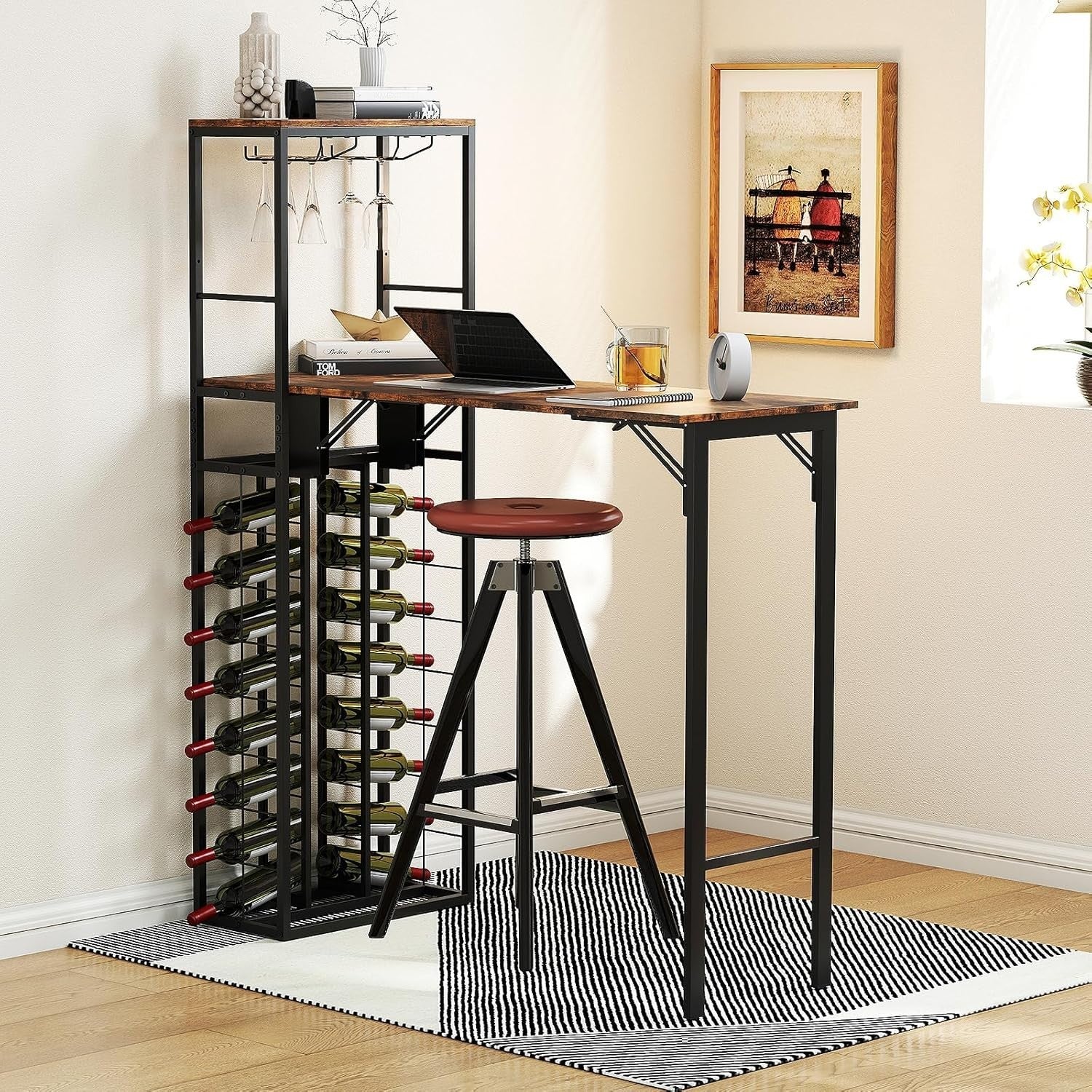 Foldable Bar Dining Table with Wine Rack, 2-Tier Storage, Rustic Brown Metal
