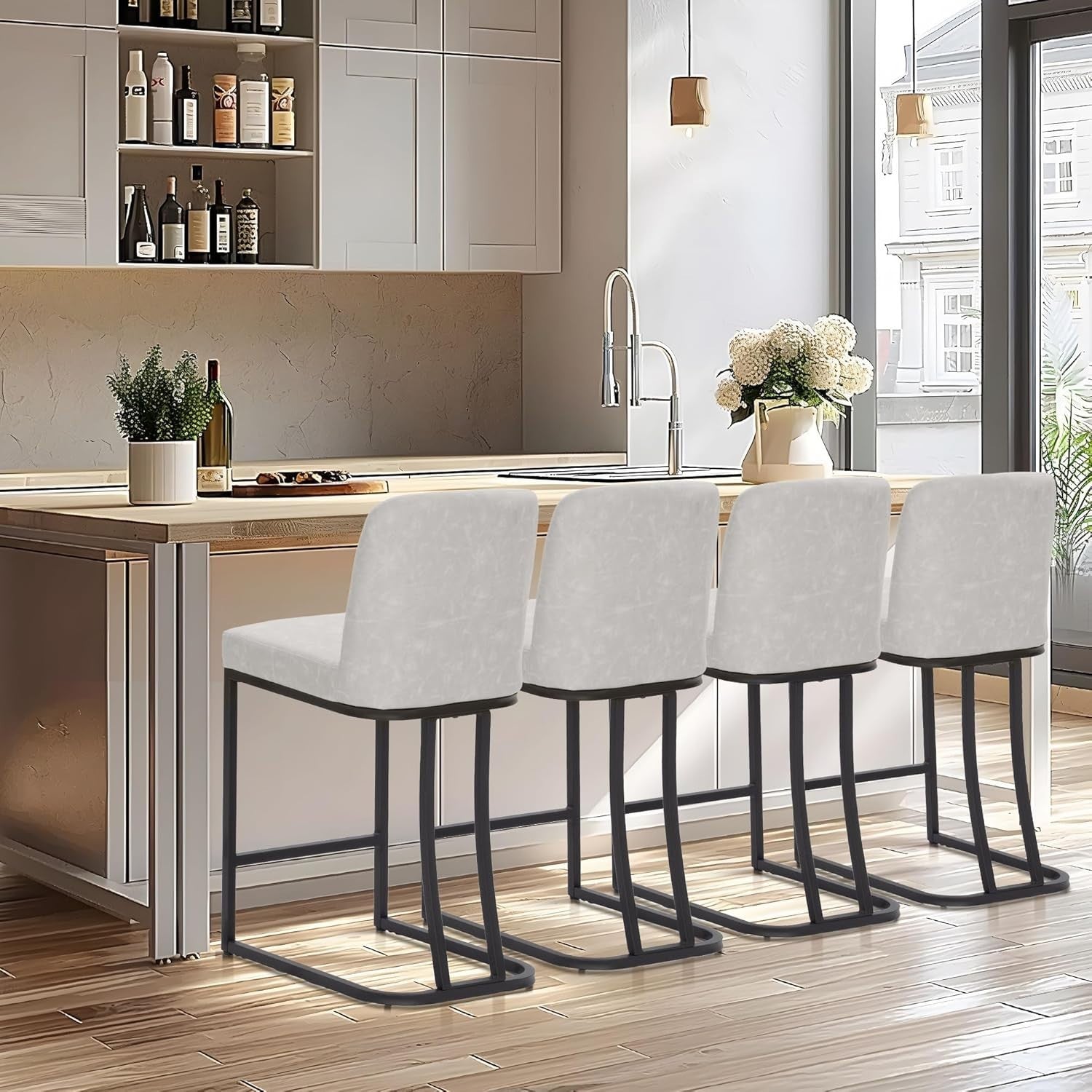 Set of 2 Light Grey PU Leather Bar Stools Modern Kitchen Counter Chairs