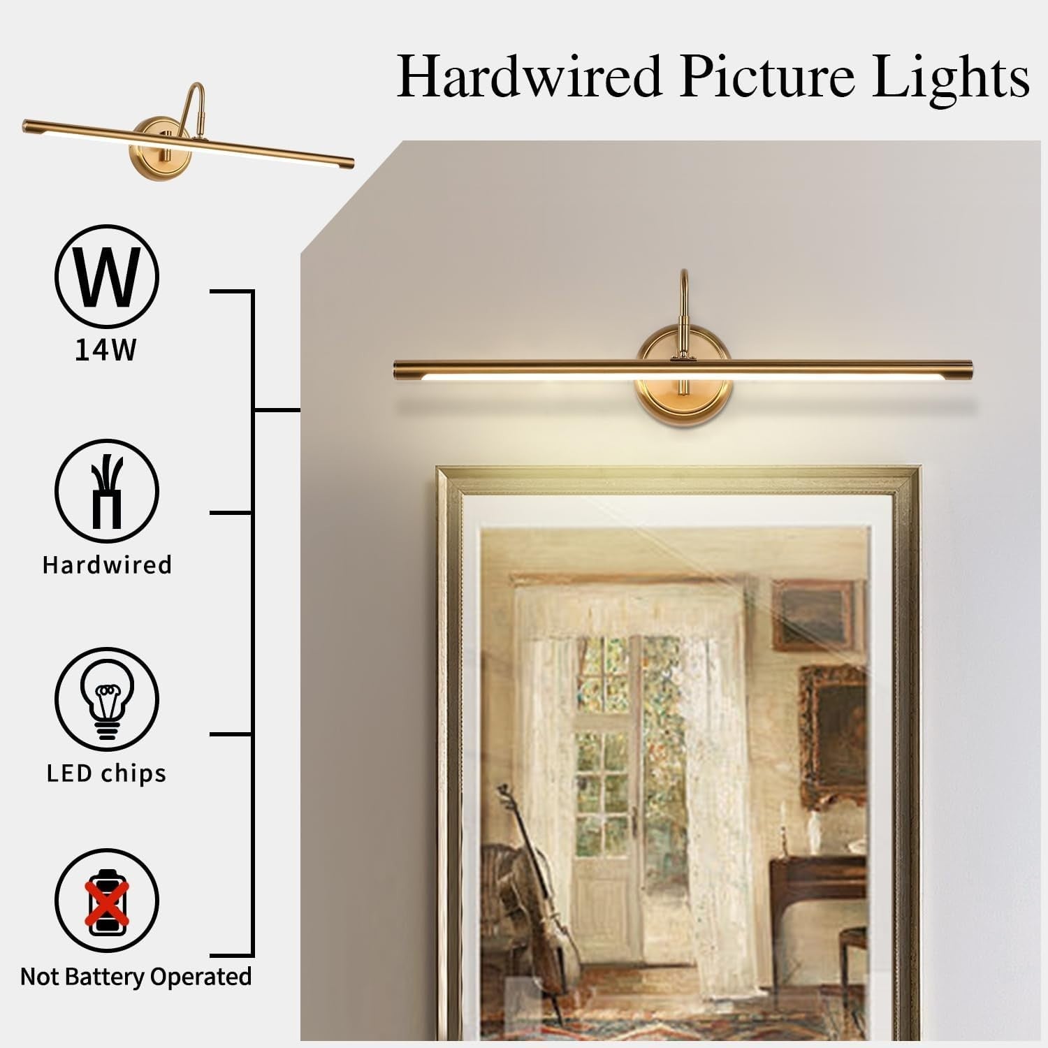 24.4" Brass LED Picture Light 14W Warm White Wall Lamp Swing Arm