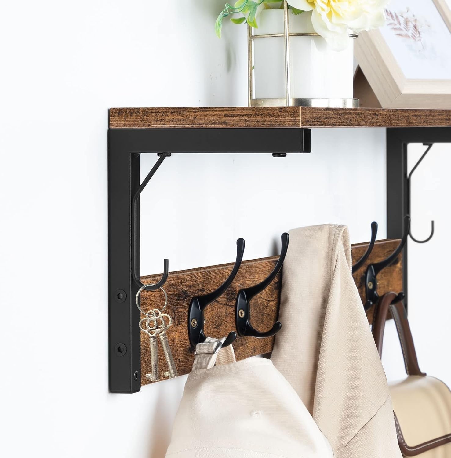 Rustic Wall Coat Rack with Shelf 7 Hooks 70cm Hallway Entryway Organizer