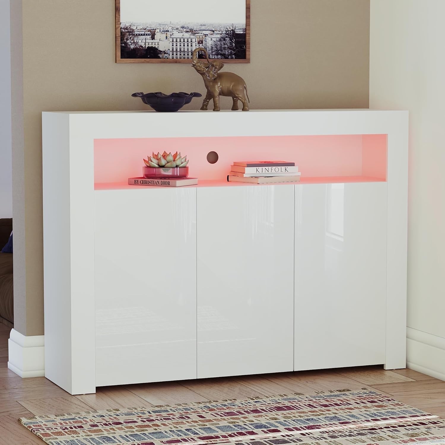 Modern White LED Sideboard 3 Doors 3 Drawers RGB Lighting Storage Cabinet