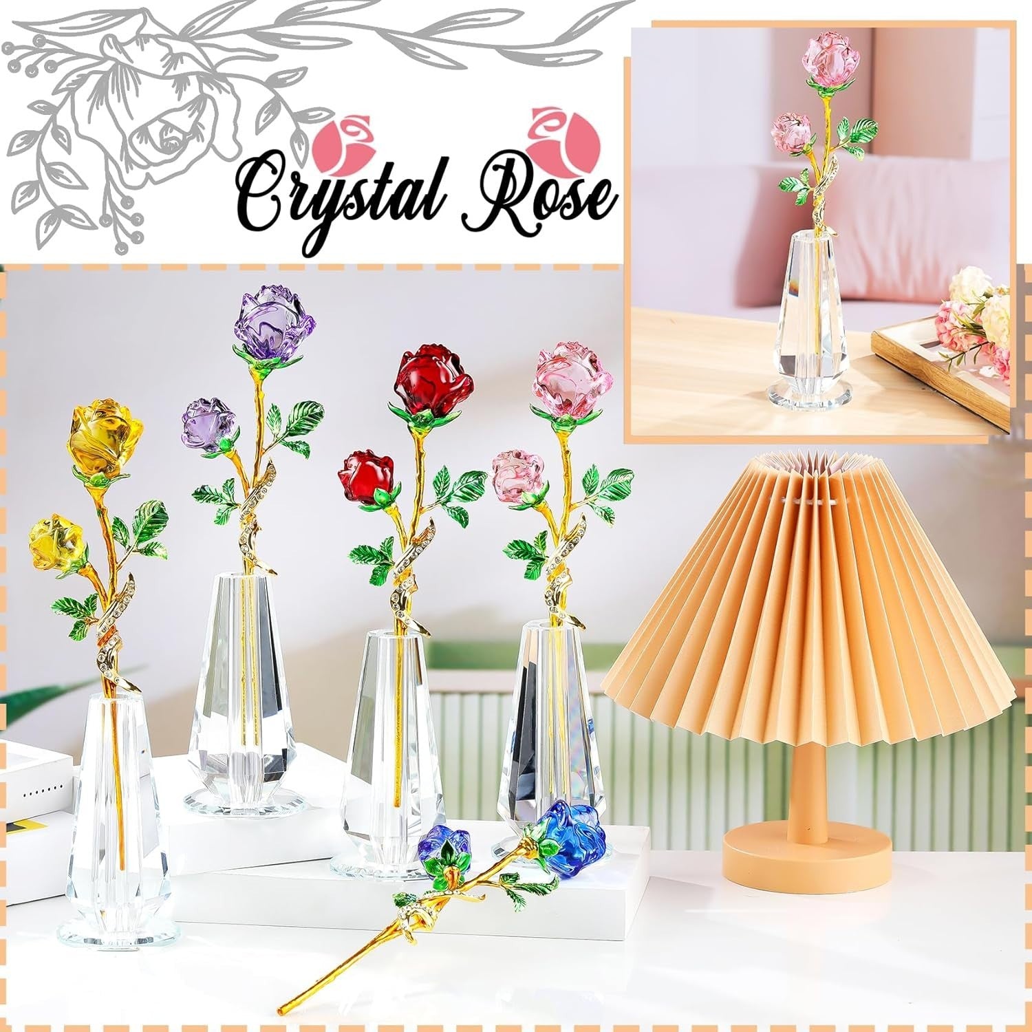Pink Crystal Rose Figurine with Vase – Luxury Glass Flower Gift Ornament Decor