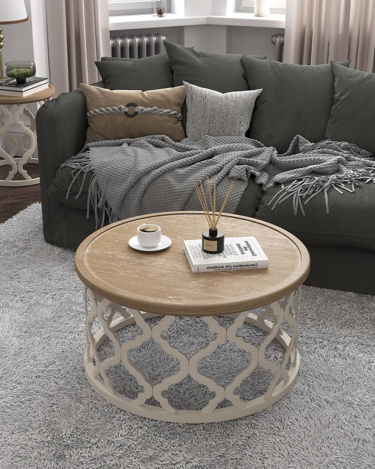 Round Farmhouse Coffee Table with Storage Shelf 76x76x41cm Rustic Charm