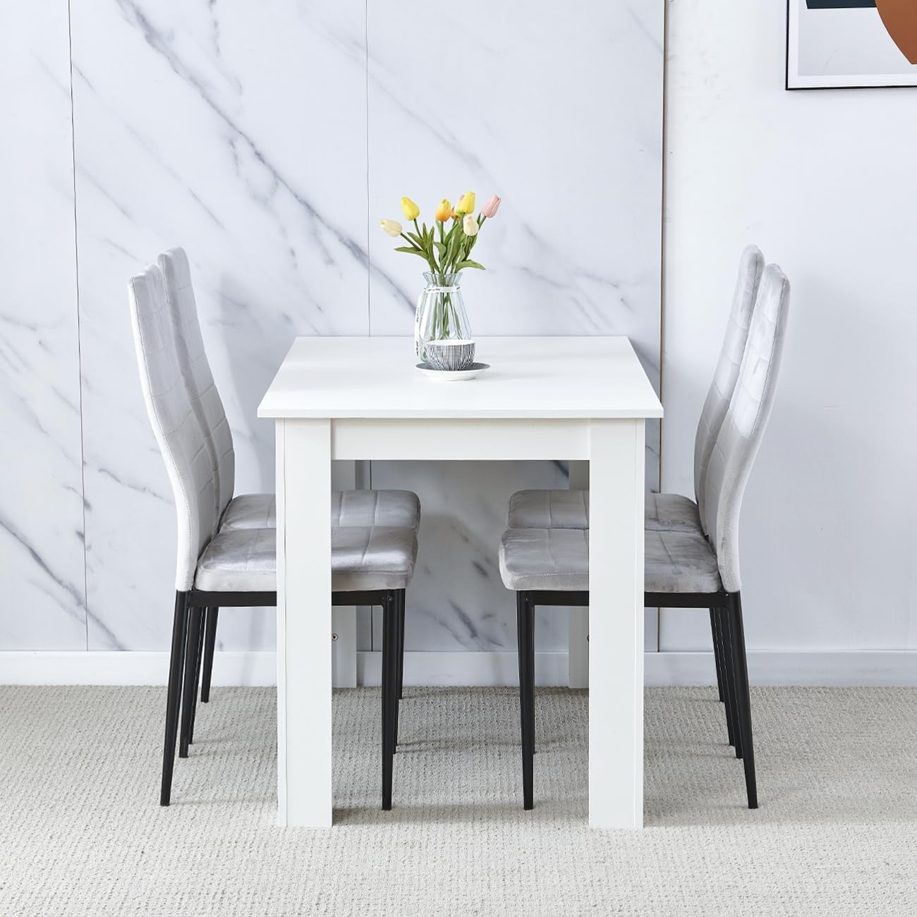 Modern 5-Piece Dining Set White Table Grey Velvet Chairs Compact Kitchen