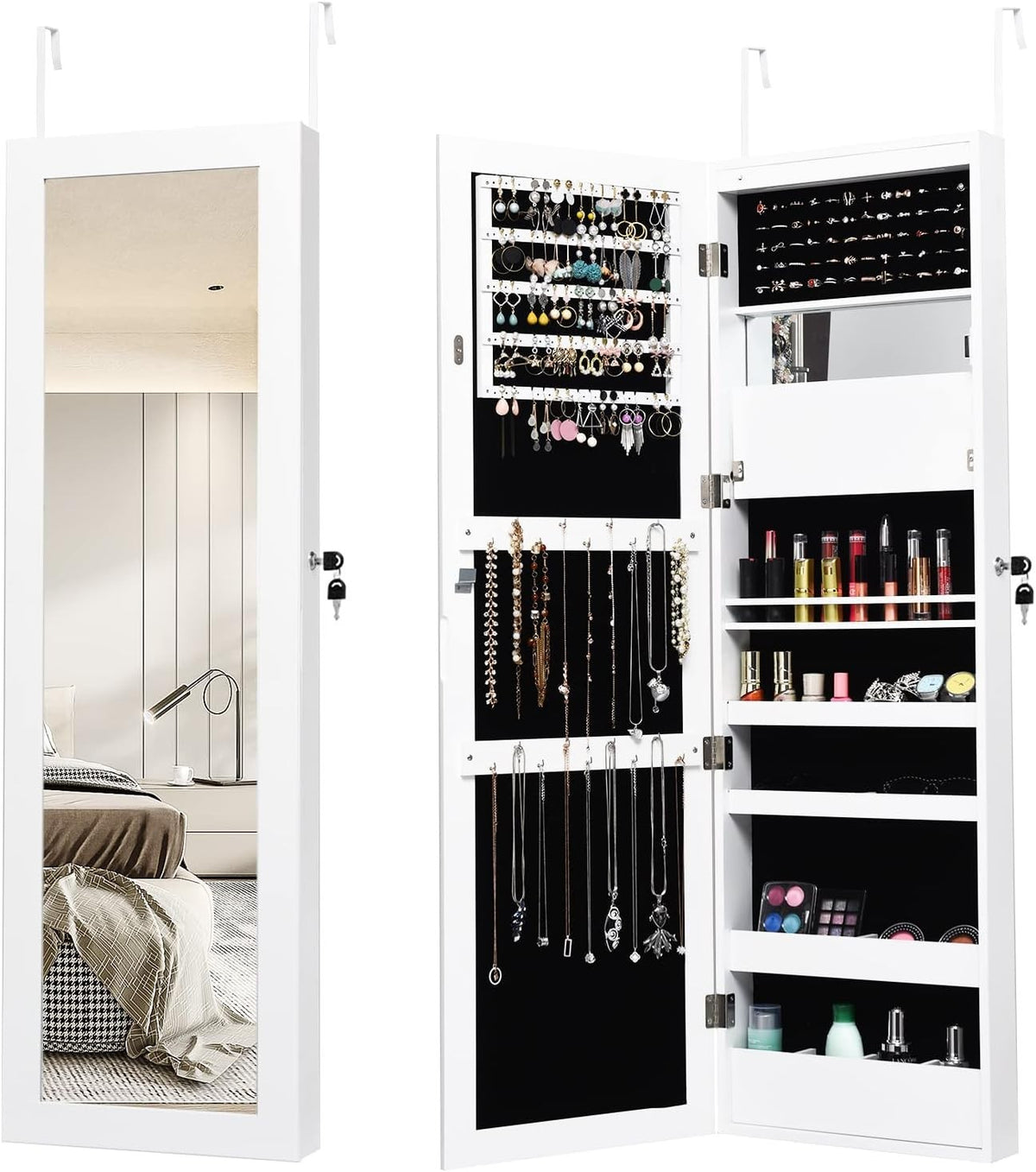 White Wall Hanging LED Jewelry Armoire Mirror Lockable Slim Storage