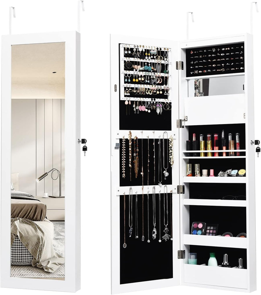White Wall Hanging LED Jewelry Armoire Mirror Lockable Slim Storage