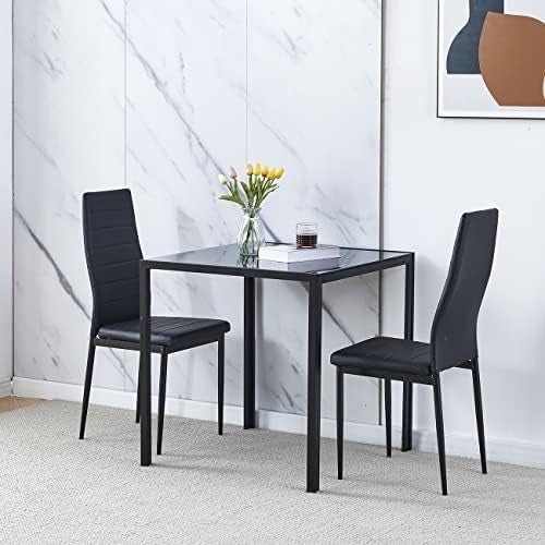 Square Glass Dining Table 75x75cm Black Tempered Metal Legs Modern