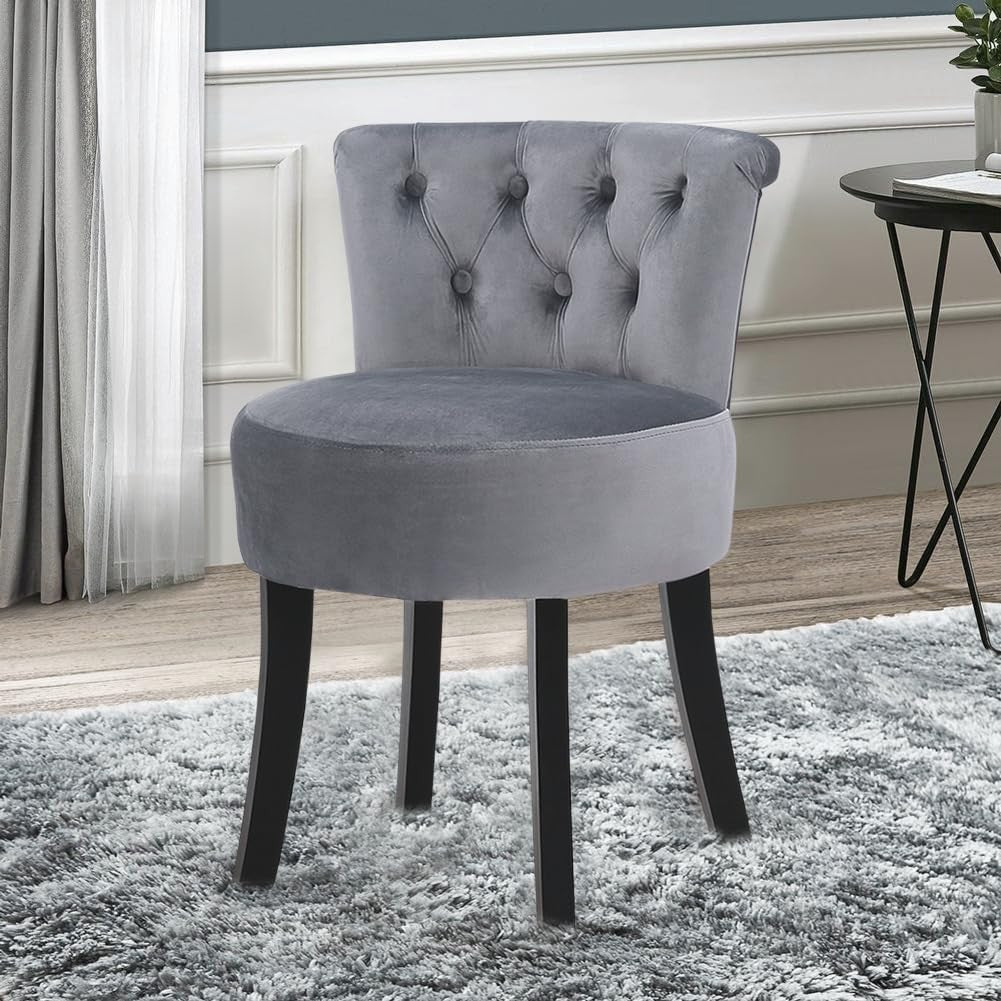 Grey Velvet Vanity Chair with Tufted Back and Wooden Legs – Comfy Makeup Seat