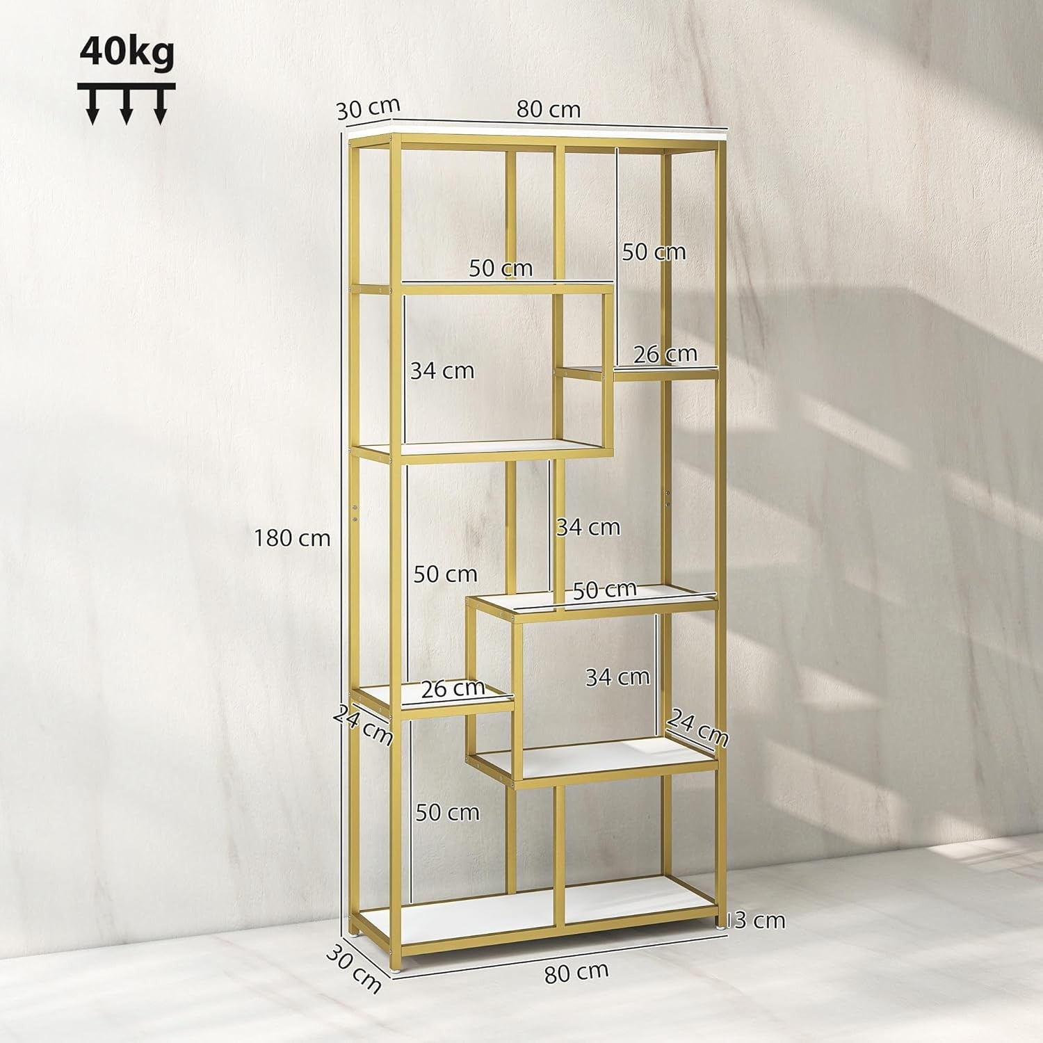 7-Tier Gold Geometric Bookcase | Modern Display Shelf Unit for Living Room & Off