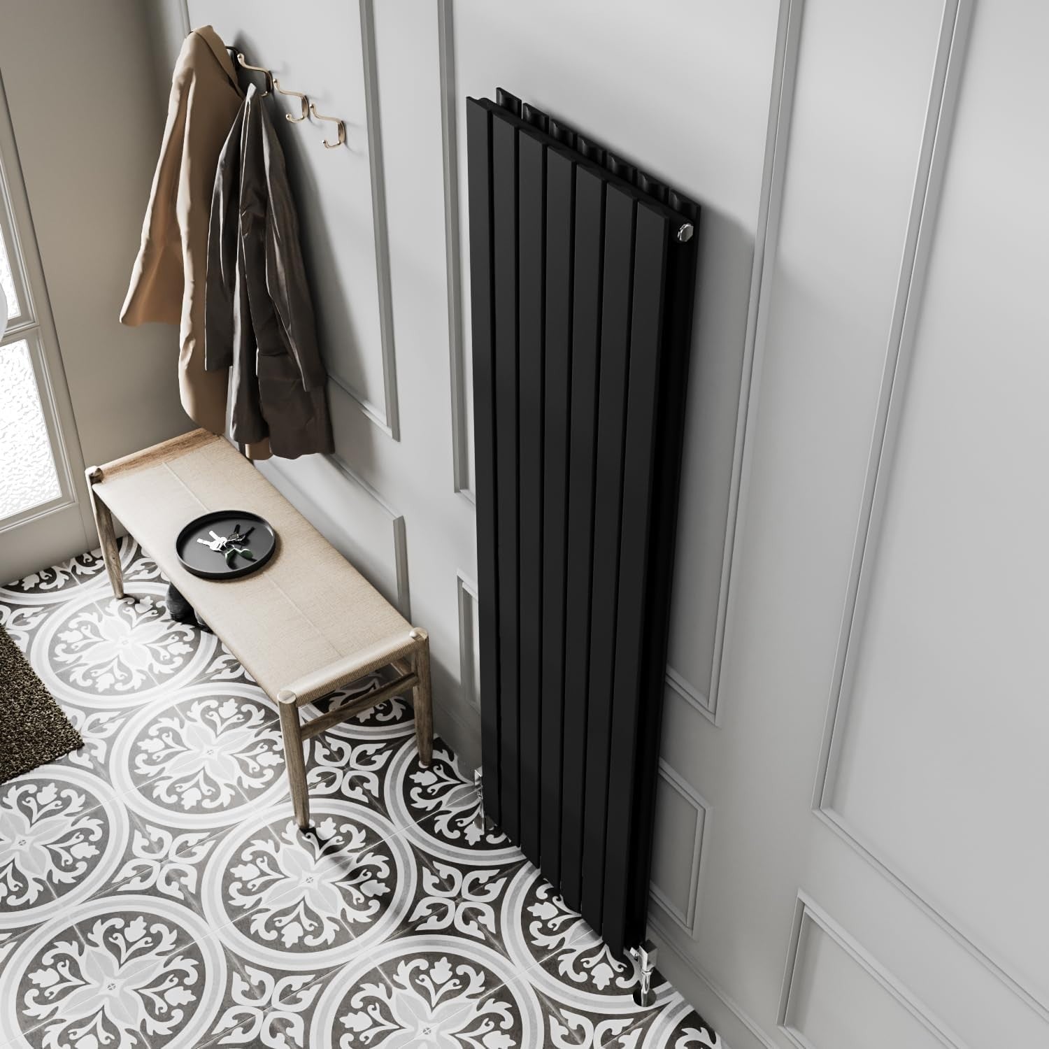 Vertical Flat Panel Radiator Black Double Column 1200x476mm High Heat