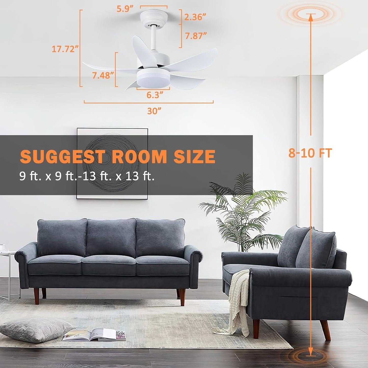 30" Ceiling Fan Light, 6 Speeds, Dimmable LED, Reversible, Quiet Smart Remote