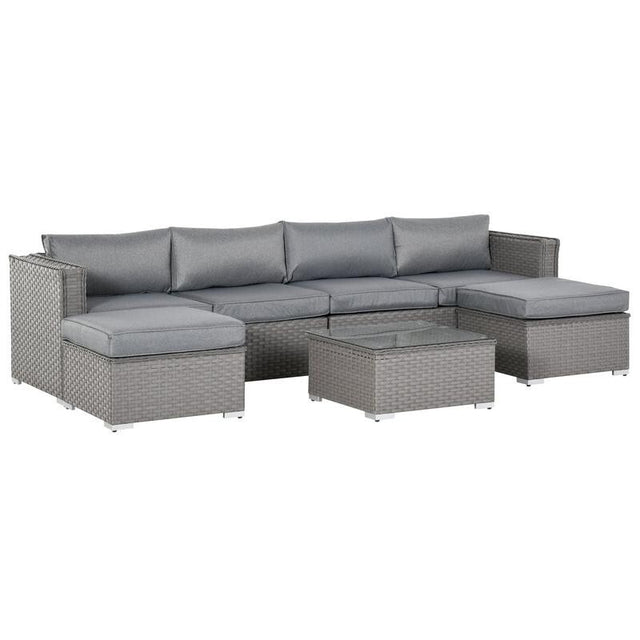 6 Seater Rattan Garden Sofa Set Outdoor Corner Couch Table Footstools Grey