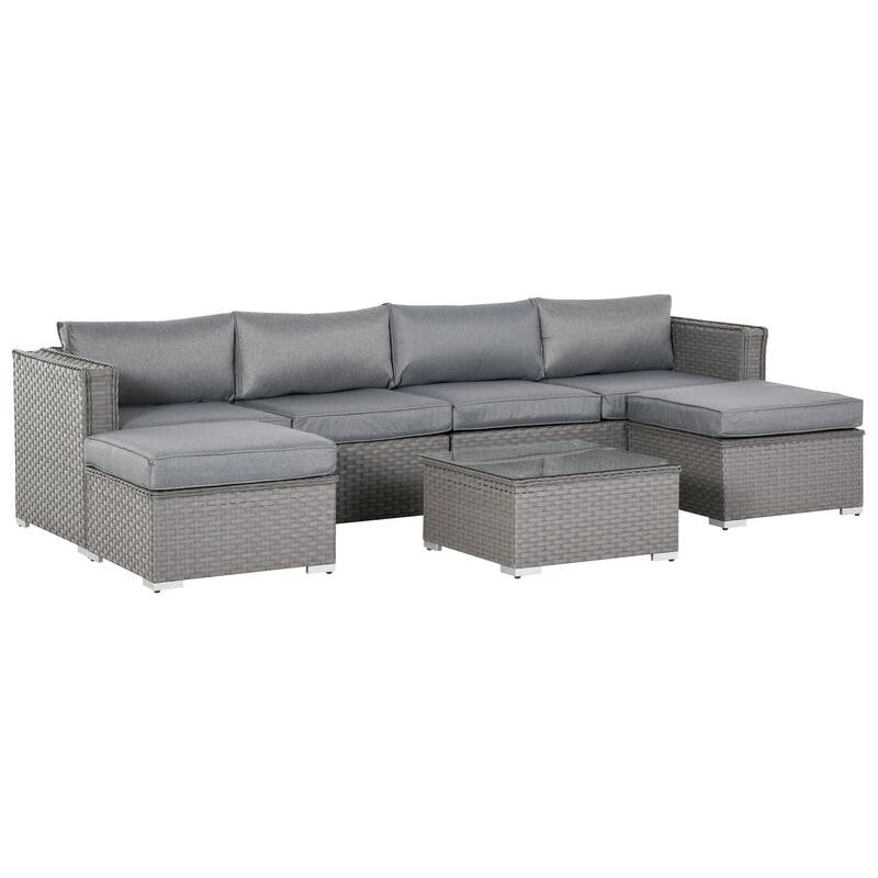 6 Seater Rattan Garden Sofa Set Outdoor Corner Couch Table Footstools Grey