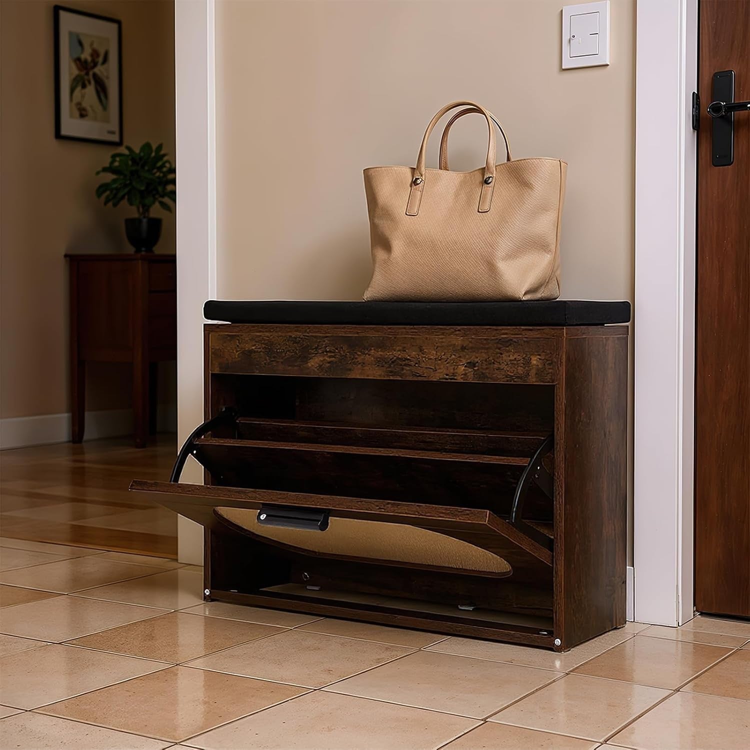 Rustic Brown Shoe Storage Bench with Flip Drawer & Cushioned Seat, 74x24x51 cm