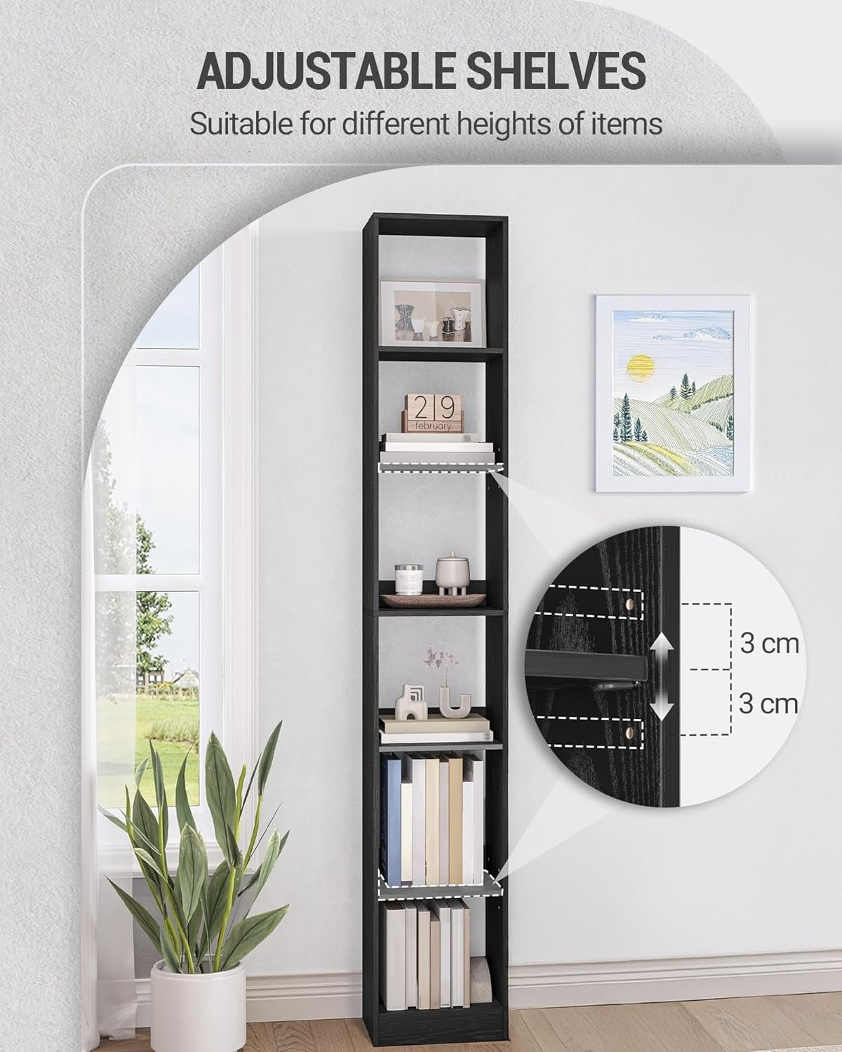 Modern 6-Tier Black Wooden Bookshelf, Adjustable Shelves, 24x30x184 cm