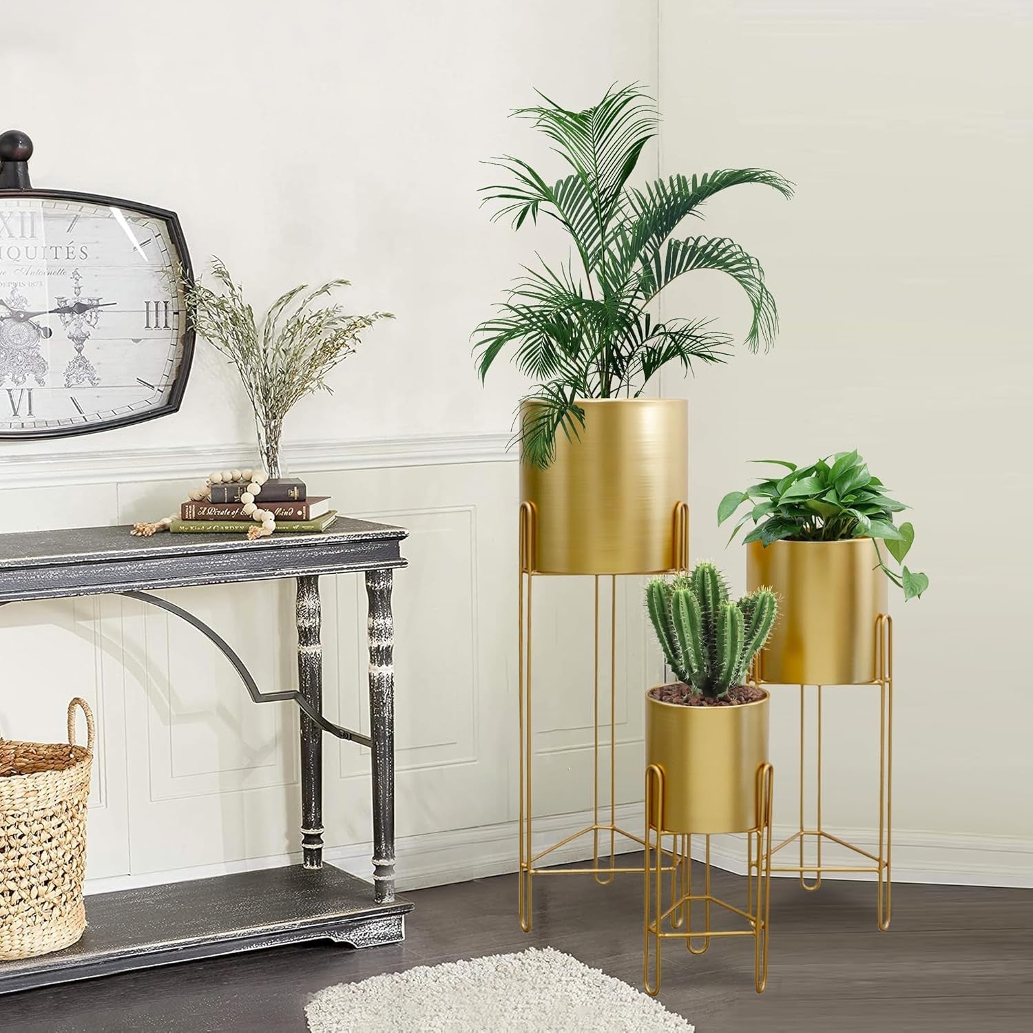 Set of 3 Gold Metal Plant Stands with Pots Modern Tall Indoor Decorative Planter
