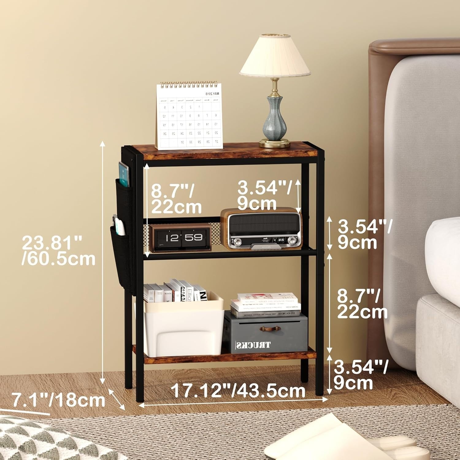 Slim 3-Tier Rustic Side Table with Storage Bag – Narrow Sofa Bedside Unit
