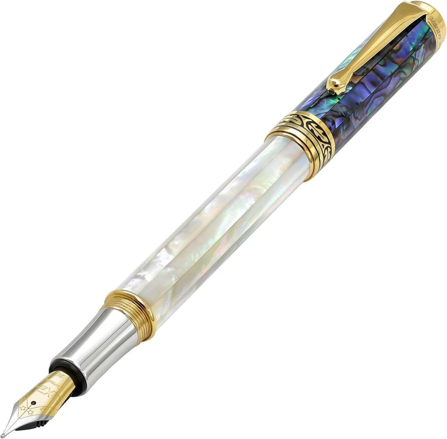 Luxury White Mother of Pearl & Blue Pāua Shell Fountain Pen Medium Nib