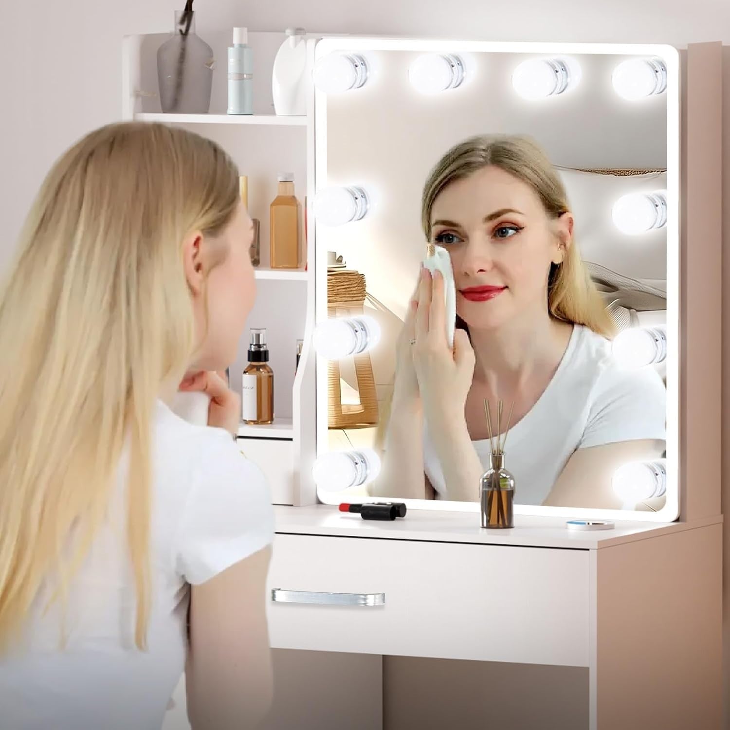 White Vanity Dressing Table w/ LED Mirror 6 Drawers Stool Makeup Desk