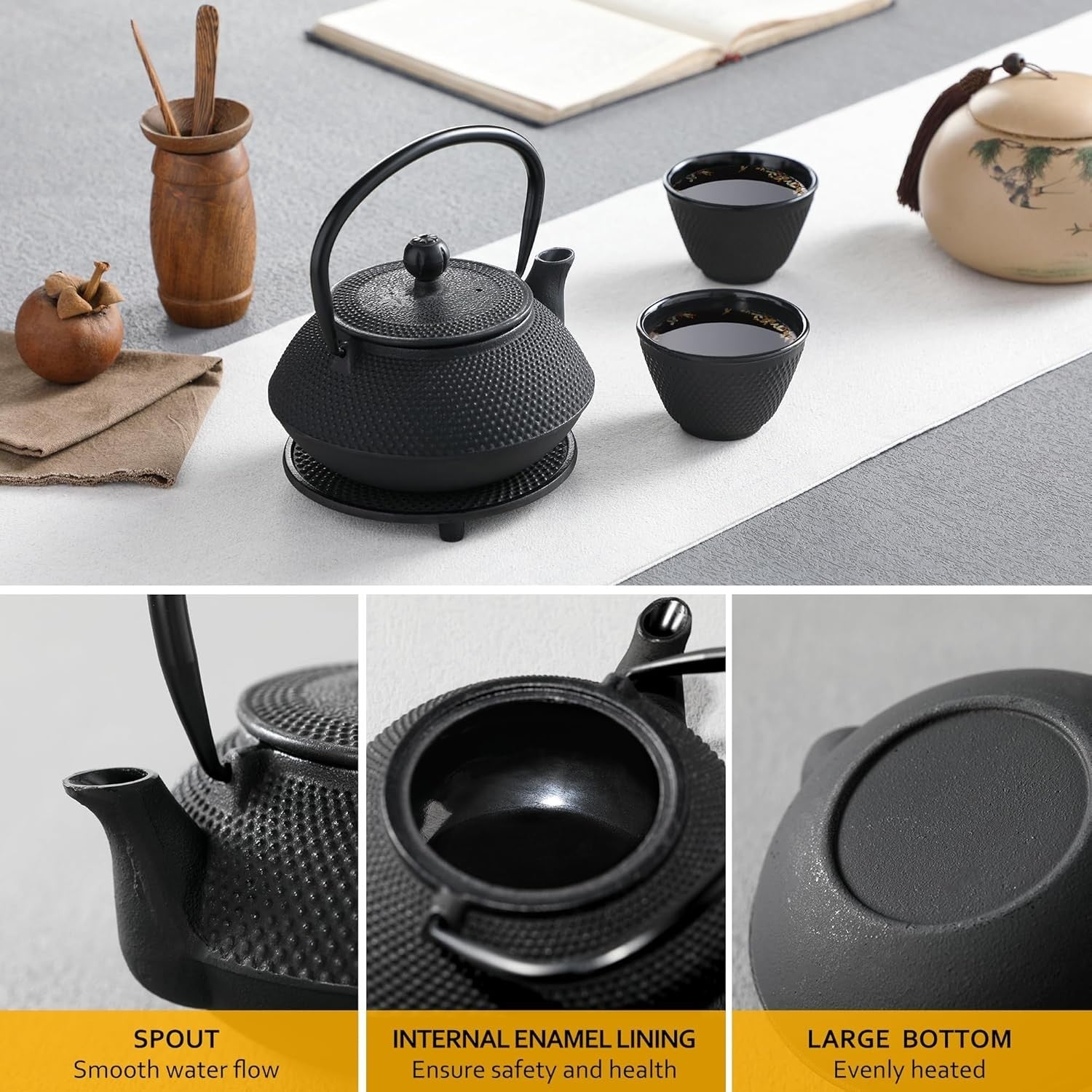 Cast Iron Japanese Teapot Set 700ml Tea Kettle Infuser Cups Tray