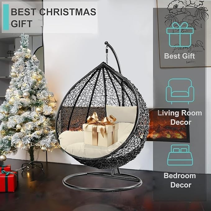 Hanging Egg Chair Outdoor Rattan Swing with Cushion & Steel Frame Garden Patio