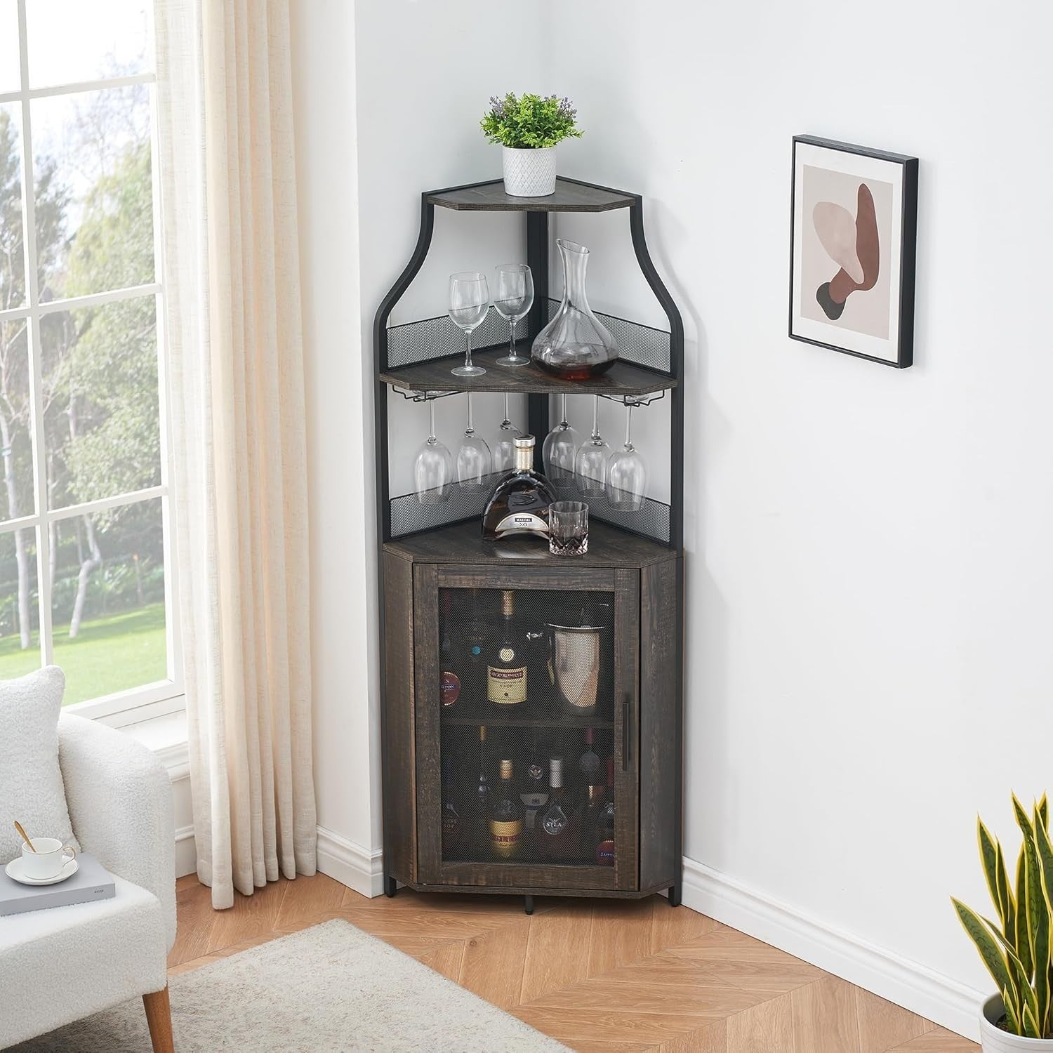 Tall Corner Bar Cabinet with Wine Rack & Glass Holder, 5-Tier Liquor Storage