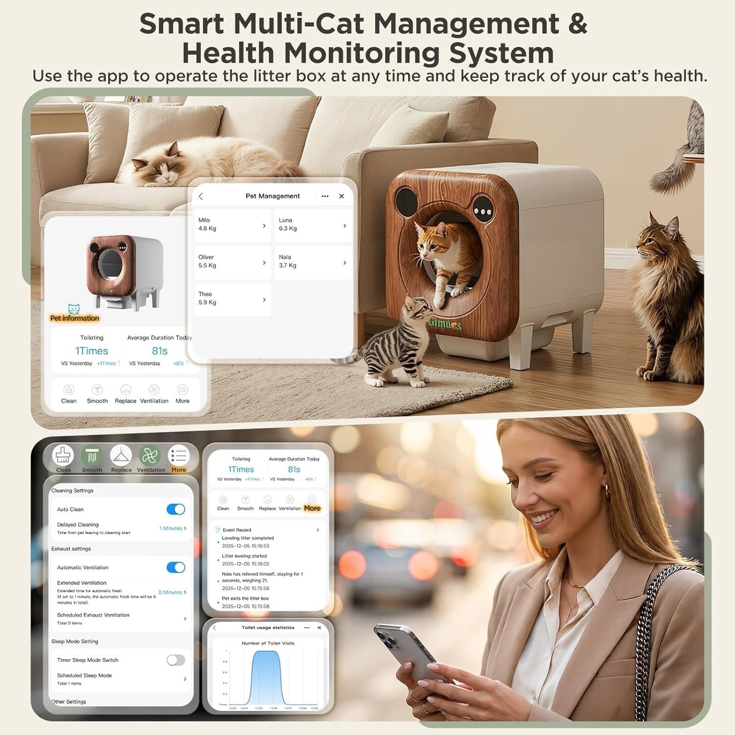 XXL Self Cleaning Cat Litter Box 90L App Control Odour Control Tray