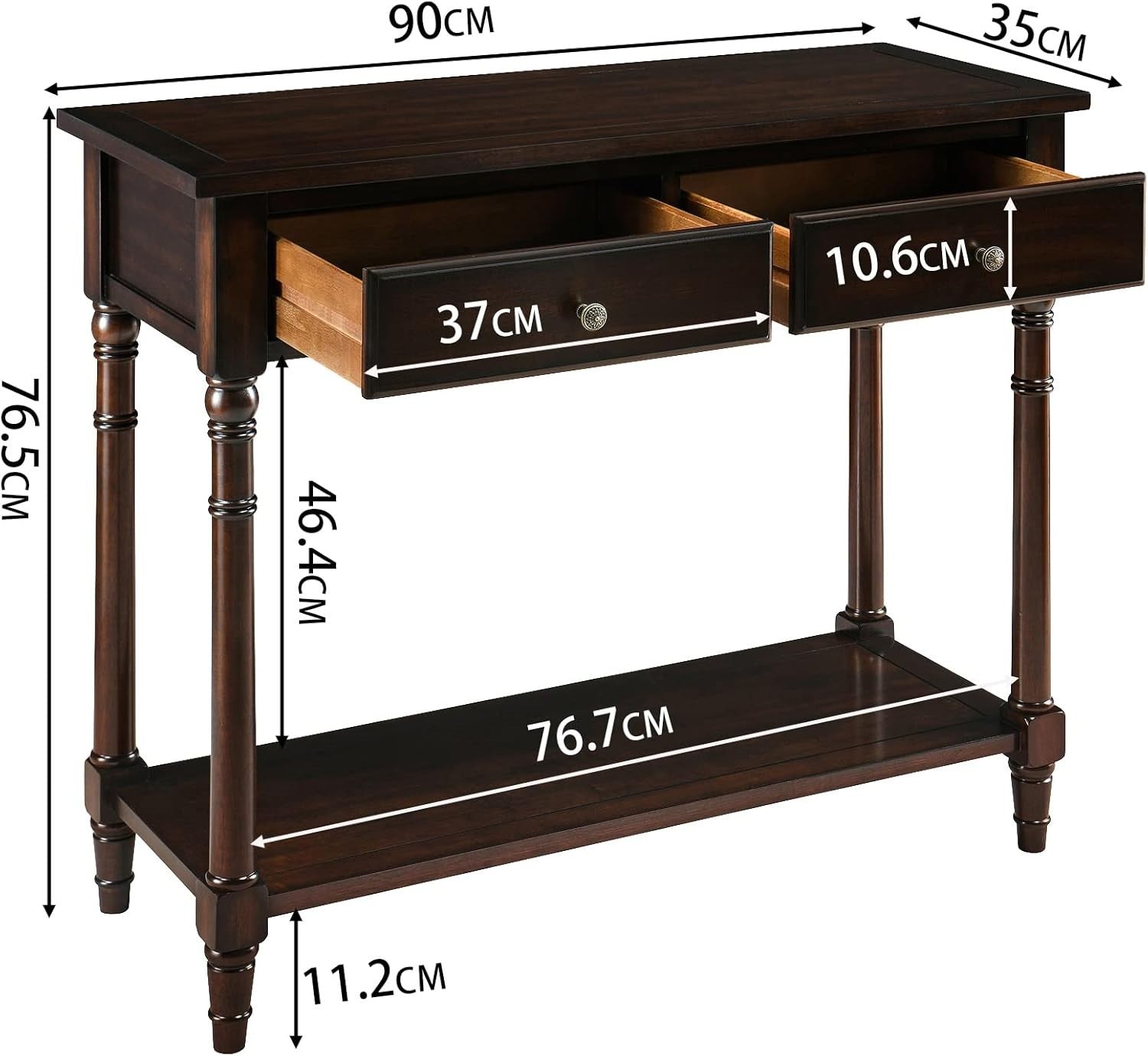 Solid Wood Console Table 90x35x77cm with 2 Drawers & Large Storage Shelf
