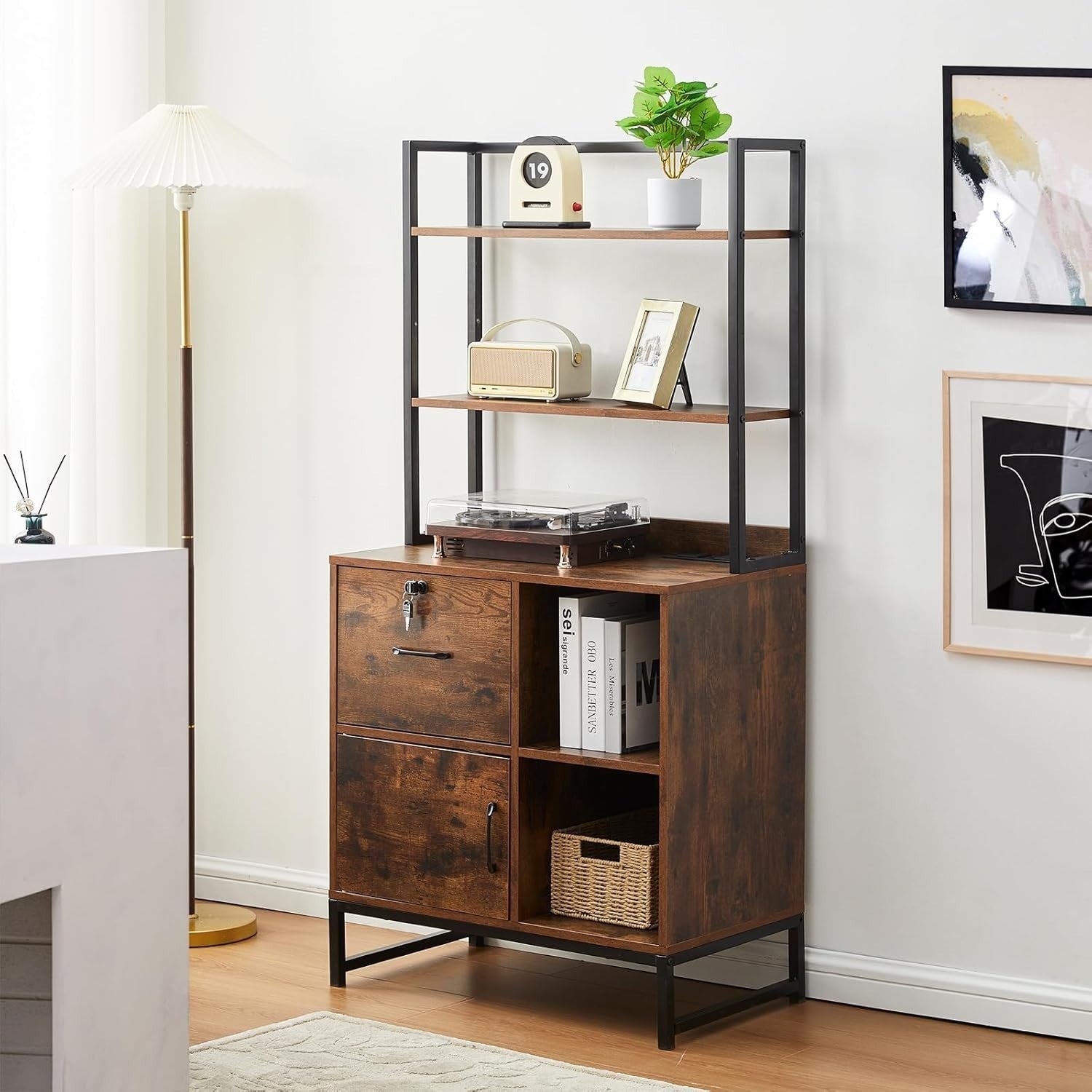 Lockable Filing Cabinet with Charging Station Printer Stand Office Brown
